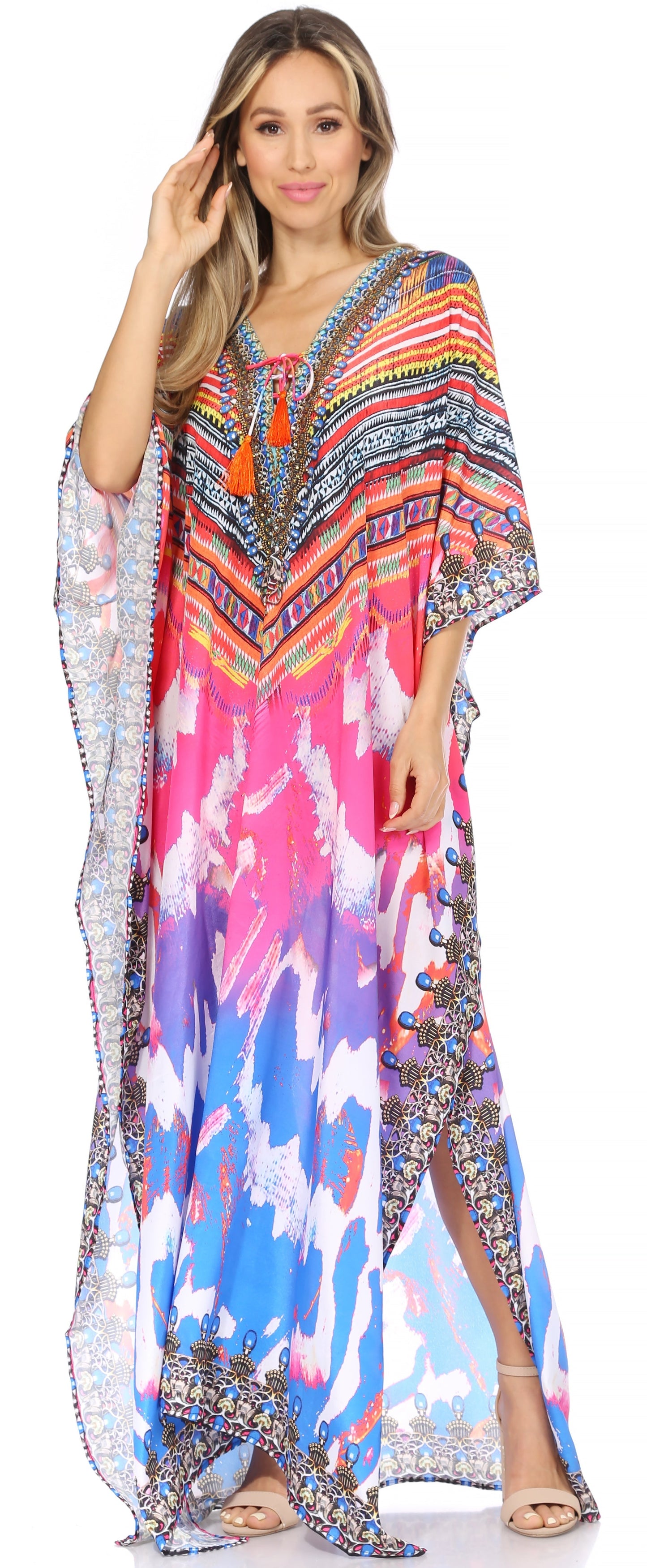 Sakkas Georgettina Flowy Rhinestone V Neck Long Caftan Dress/Cover Up - Concordia Style Boutique