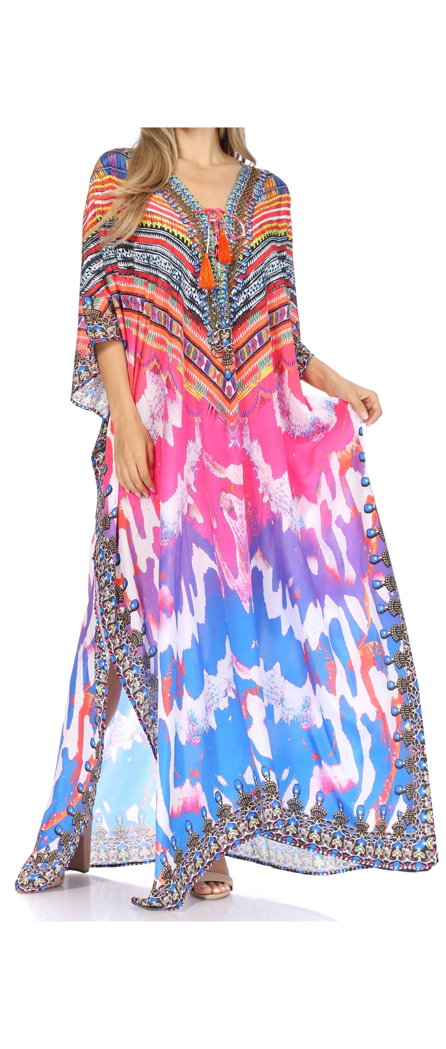 Sakkas Georgettina Flowy Rhinestone V Neck Long Caftan Dress/Cover Up - Concordia Style Boutique