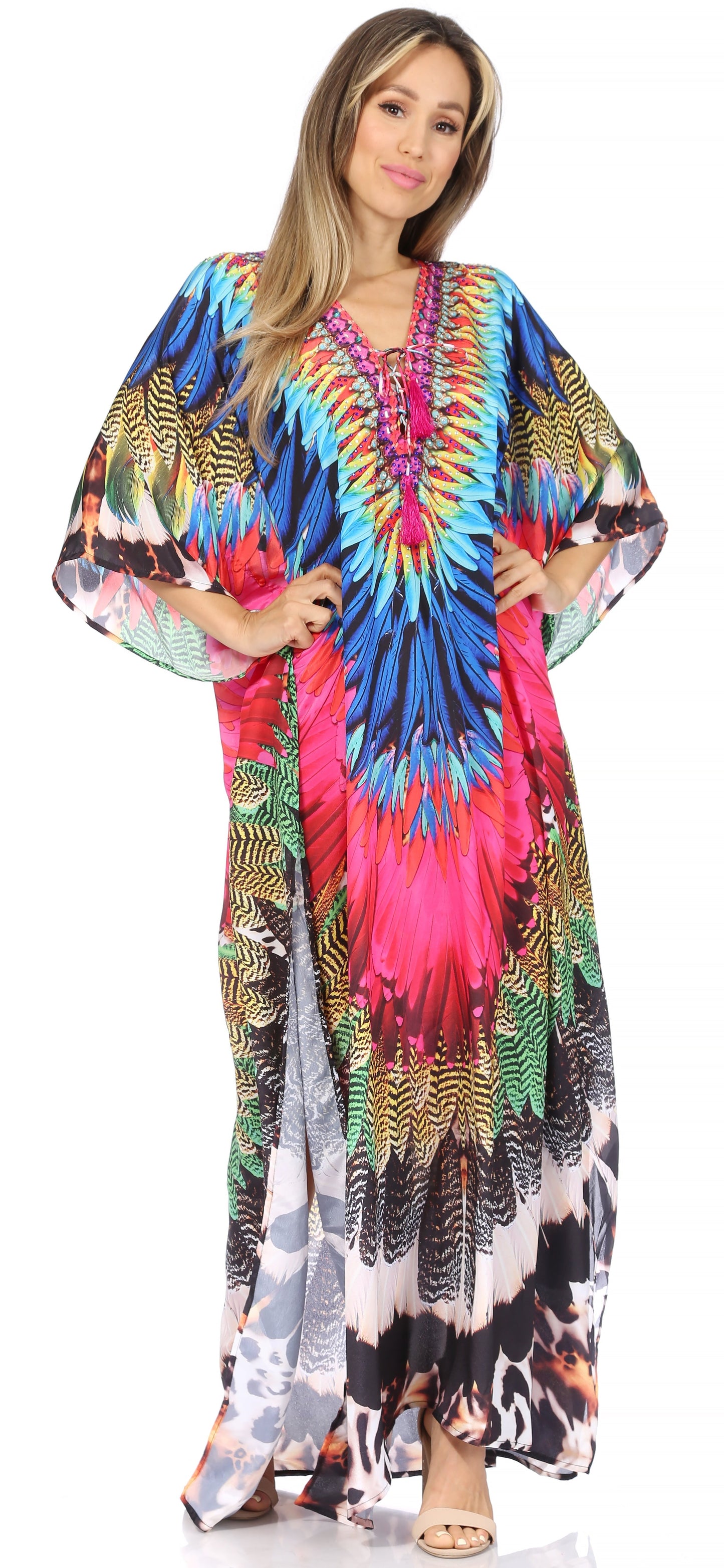Sakkas Georgettina Flowy Rhinestone V Neck Long Caftan Dress/Cover Up - Concordia Style Boutique