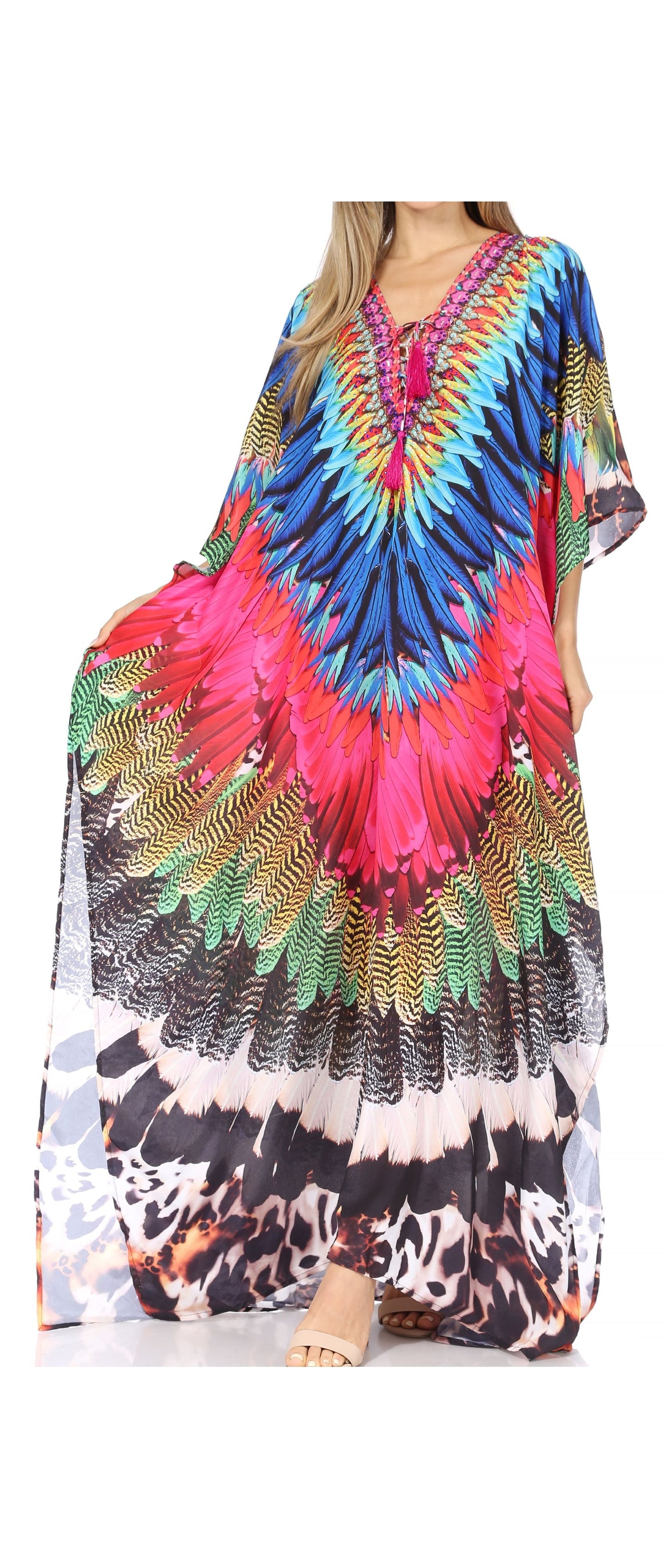 Sakkas Georgettina Flowy Rhinestone V Neck Long Caftan Dress/Cover Up - Concordia Style Boutique
