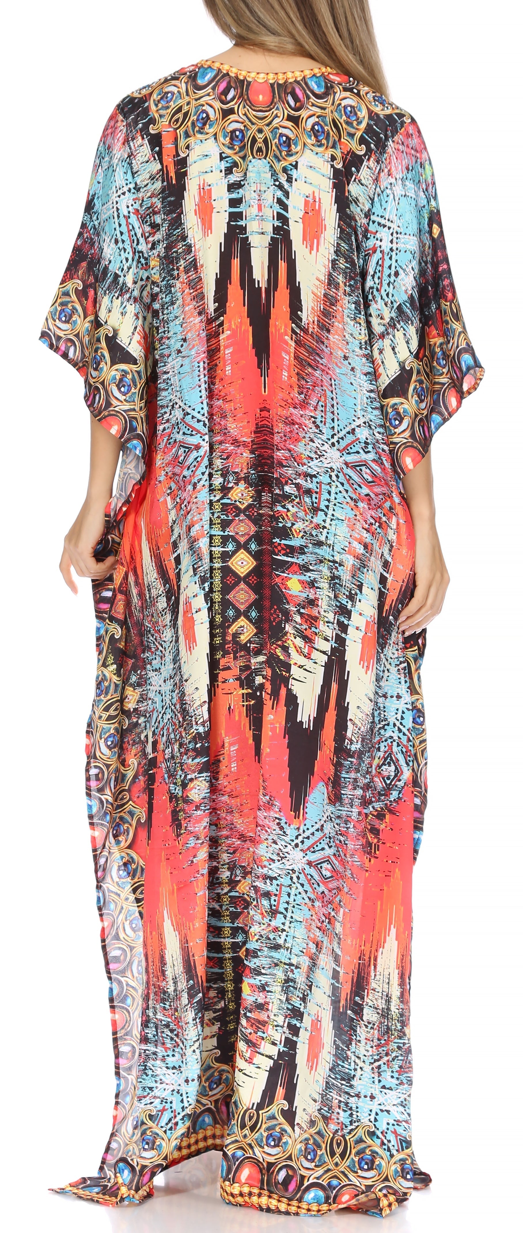 Sakkas Georgettina Flowy Rhinestone V Neck Long Caftan Dress/Cover Up - Concordia Style Boutique