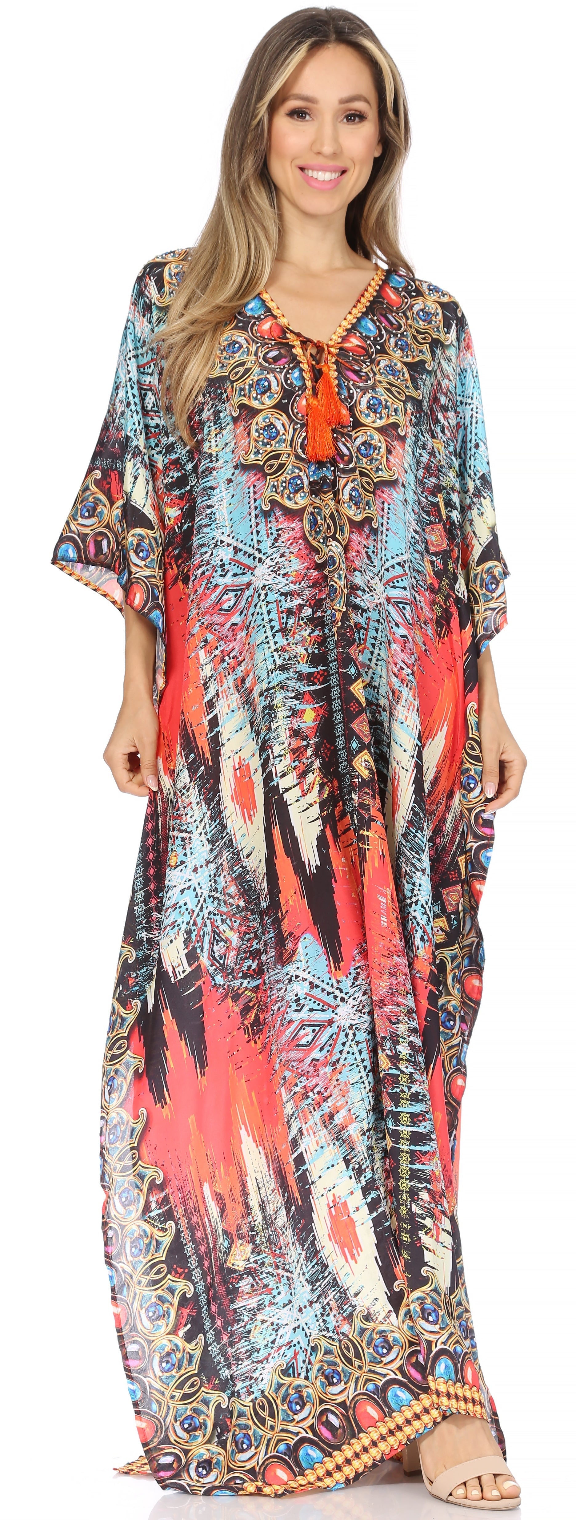 Sakkas Georgettina Flowy Rhinestone V Neck Long Caftan Dress/Cover Up - Concordia Style Boutique