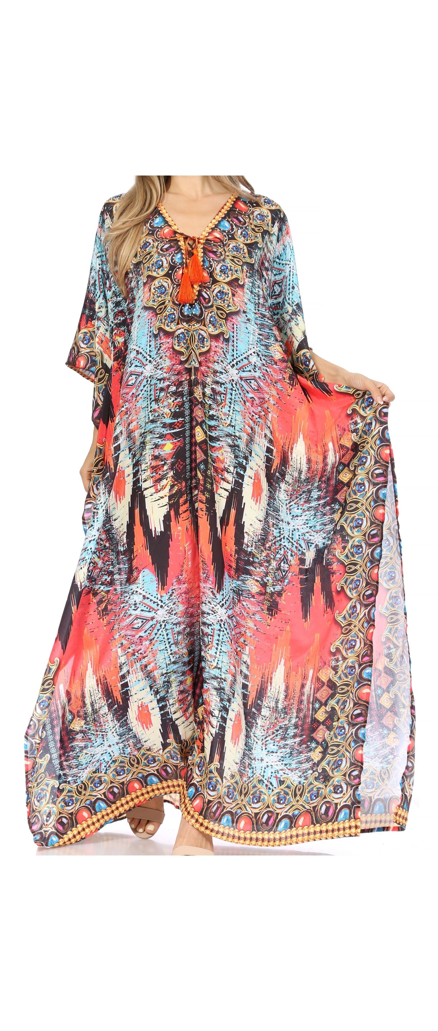 Sakkas Georgettina Flowy Rhinestone V Neck Long Caftan Dress/Cover Up - Concordia Style Boutique
