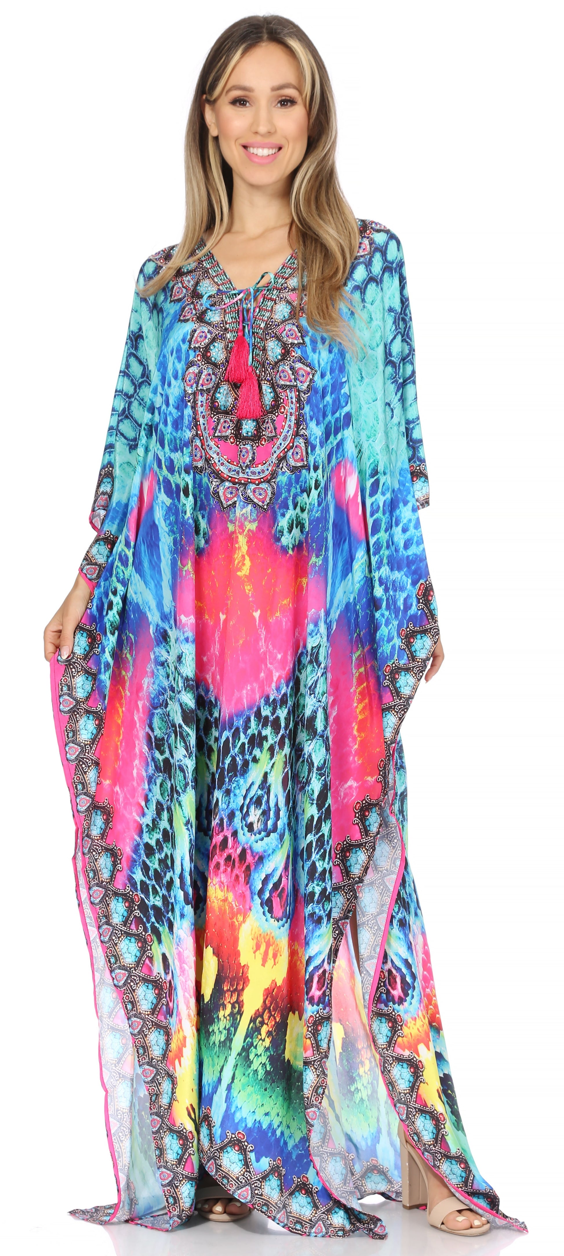 Sakkas Georgettina Flowy Rhinestone V Neck Long Caftan Dress/Cover Up - Concordia Style Boutique