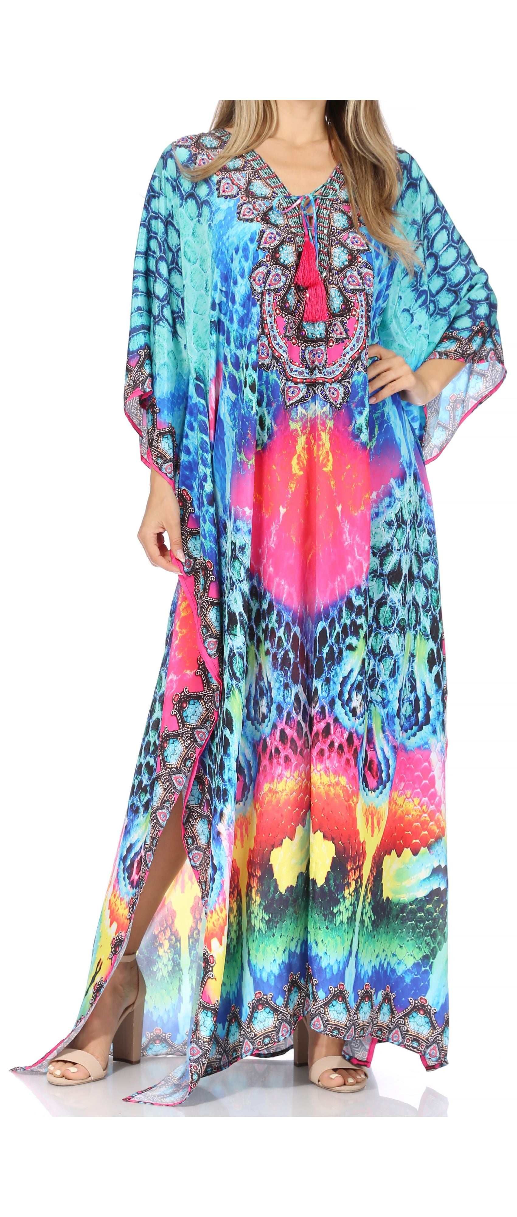 Sakkas Georgettina Flowy Rhinestone V Neck Long Caftan Dress/Cover Up - Concordia Style Boutique