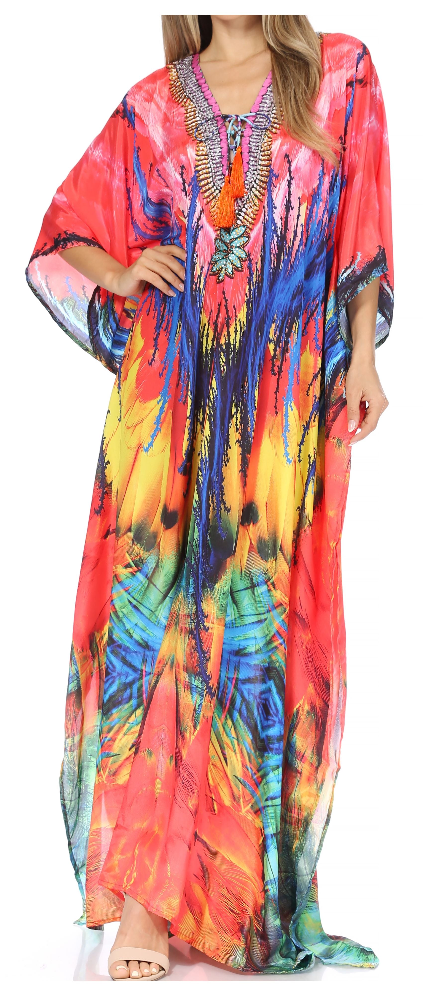 Sakkas Georgettina Flowy Rhinestone V Neck Long Caftan Dress/Cover Up - Concordia Style Boutique