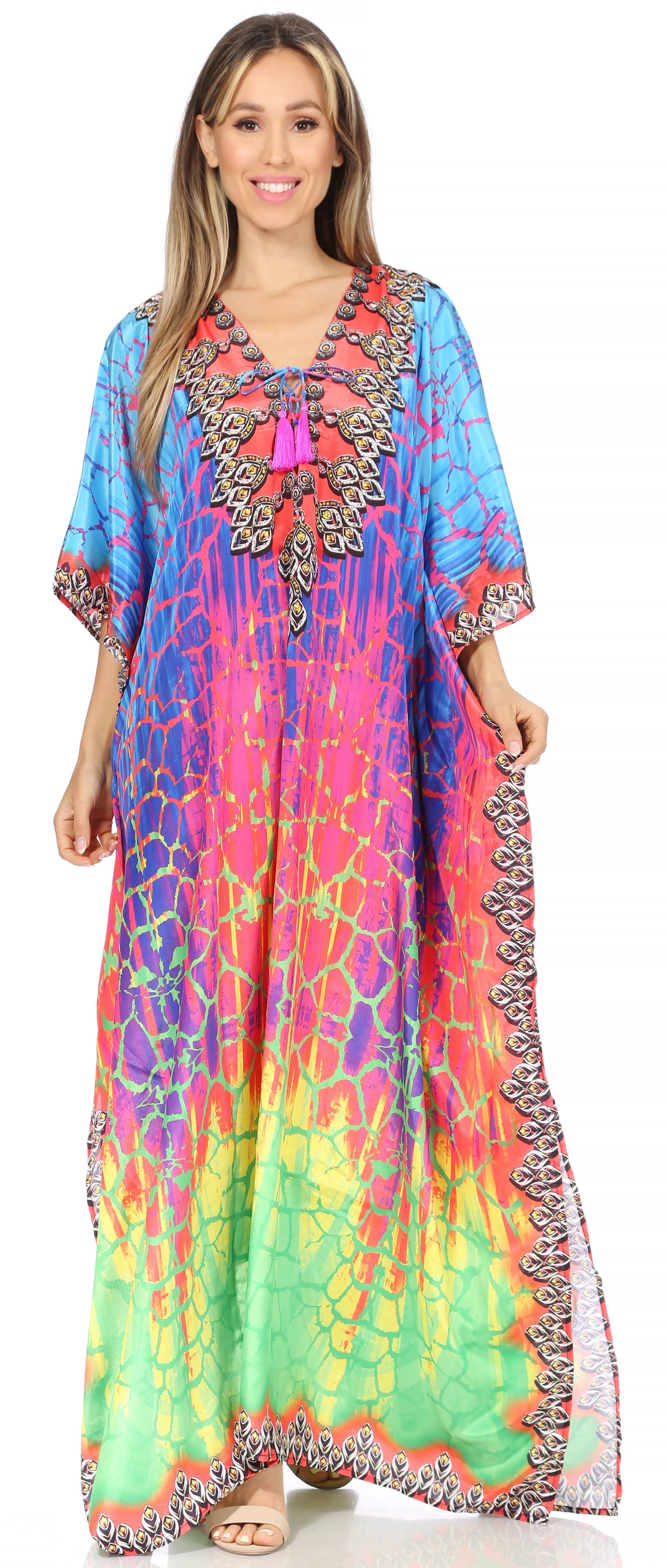 Sakkas Georgettina Flowy Rhinestone V Neck Long Caftan Dress/Cover Up - Concordia Style Boutique