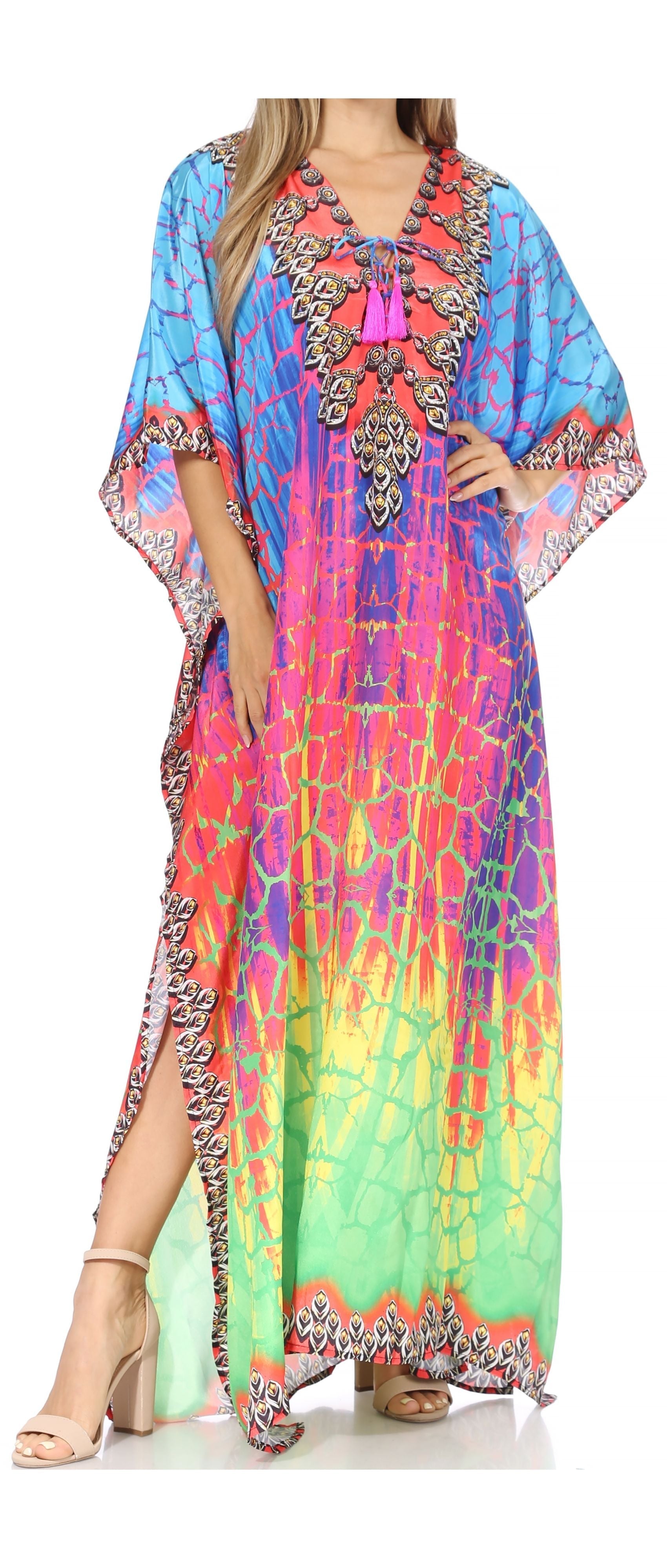 Sakkas Georgettina Flowy Rhinestone V Neck Long Caftan Dress/Cover Up - Concordia Style Boutique