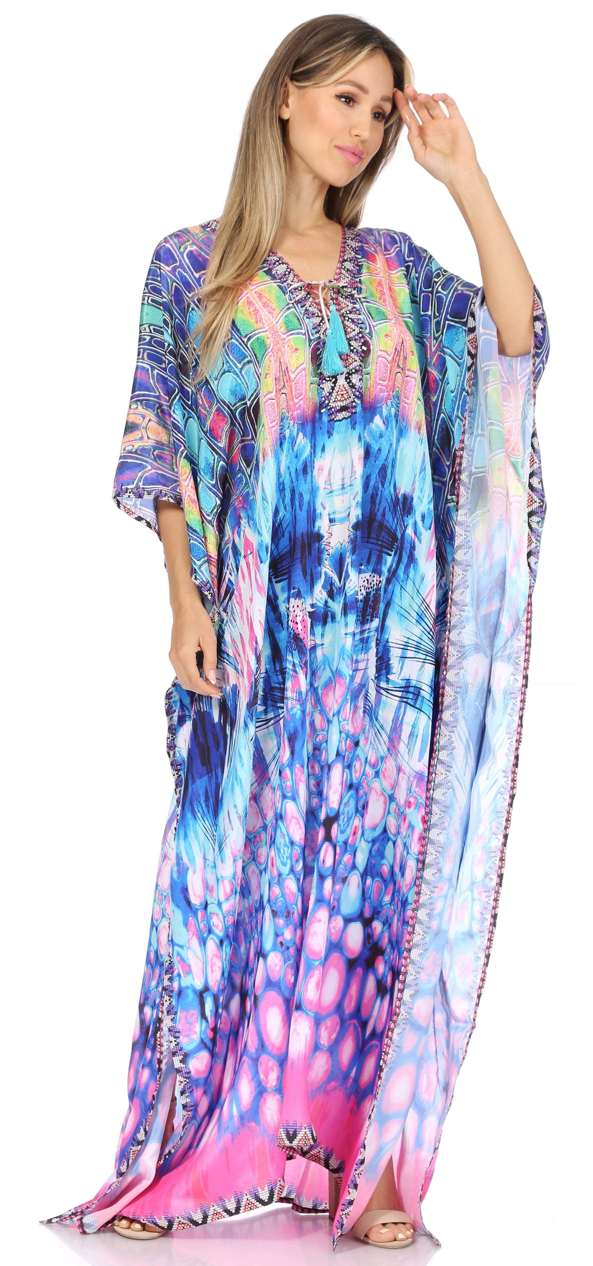 Sakkas Georgettina Flowy Rhinestone V Neck Long Caftan Dress/Cover Up - Concordia Style Boutique