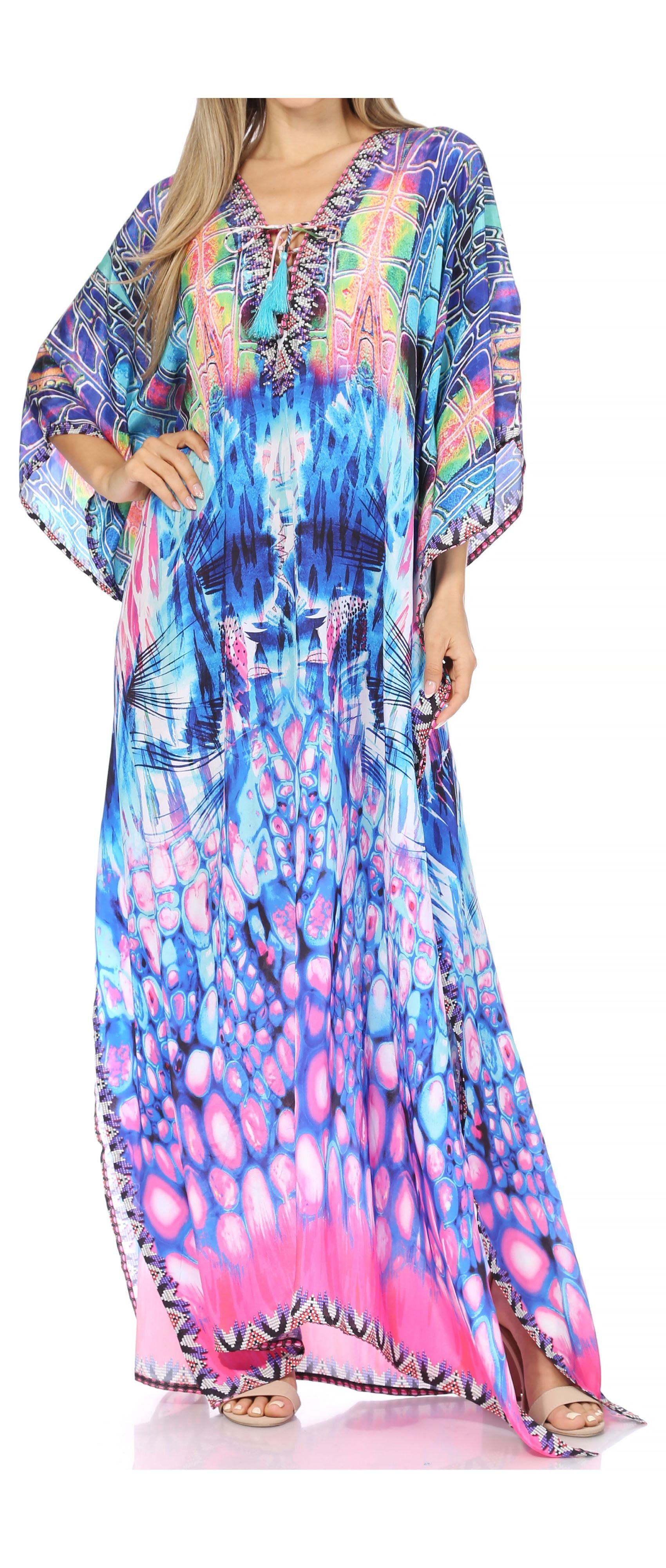 Sakkas Georgettina Flowy Rhinestone V Neck Long Caftan Dress/Cover Up - Concordia Style Boutique