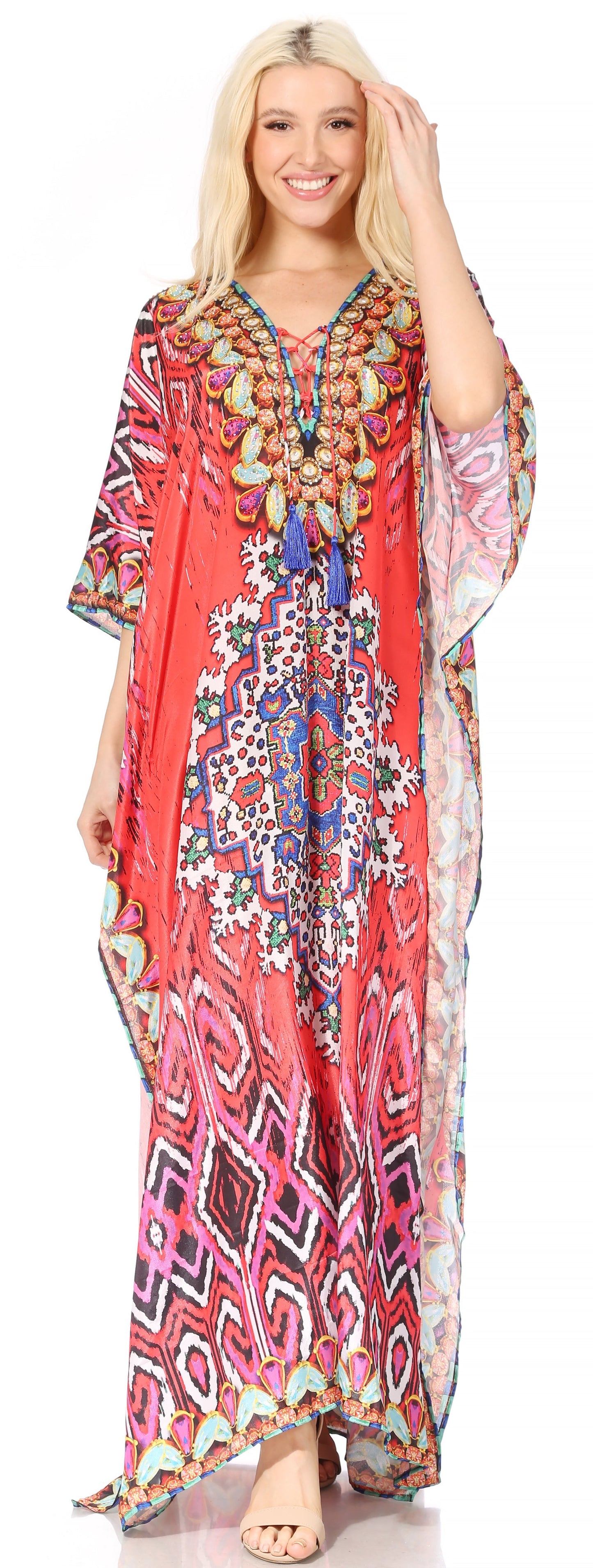 Sakkas Georgettina Flowy Rhinestone V Neck Long Caftan Dress/Cover Up - Concordia Style Boutique