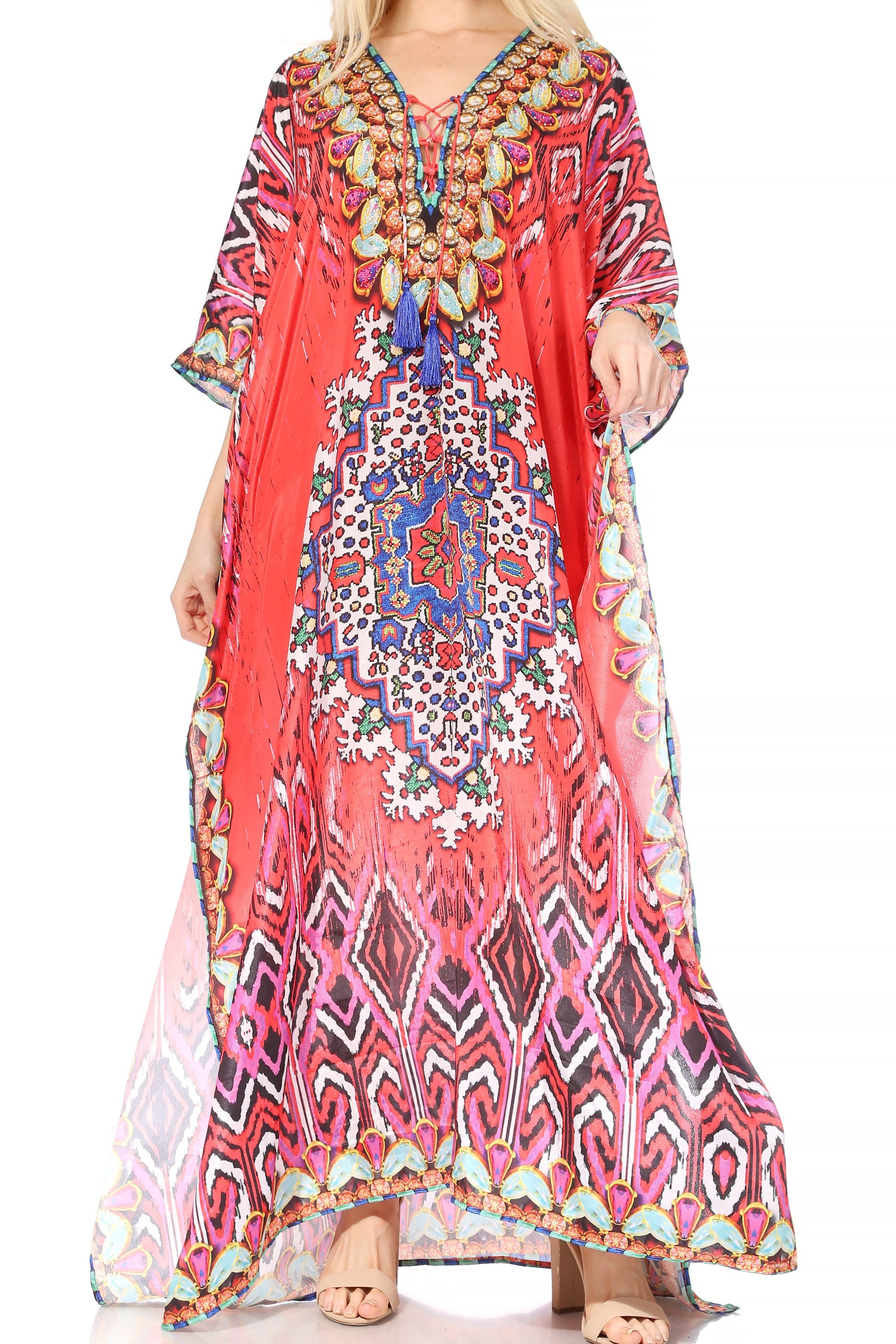 Sakkas Georgettina Flowy Rhinestone V Neck Long Caftan Dress/Cover Up - Concordia Style Boutique