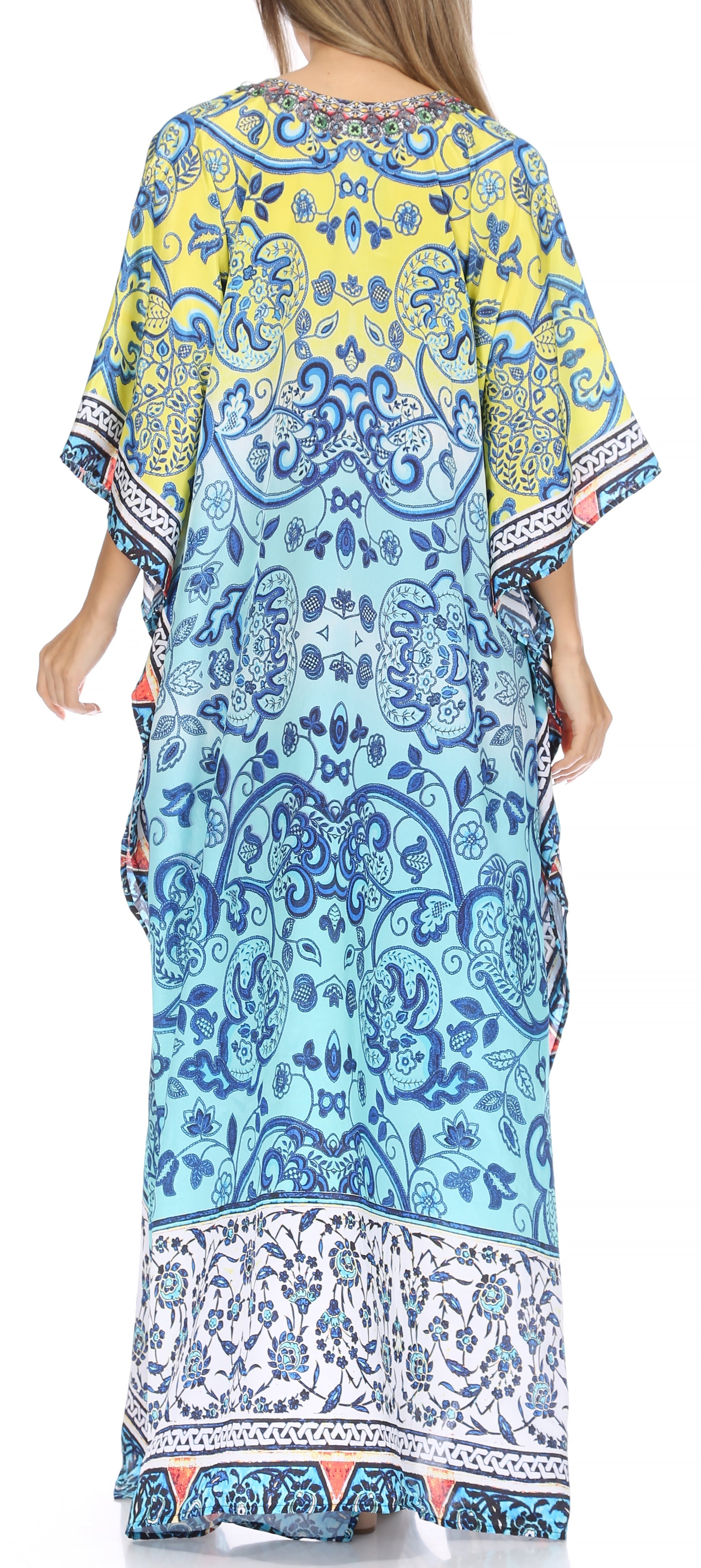 Sakkas Georgettina Flowy Rhinestone V Neck Long Caftan Dress/Cover Up - Concordia Style Boutique