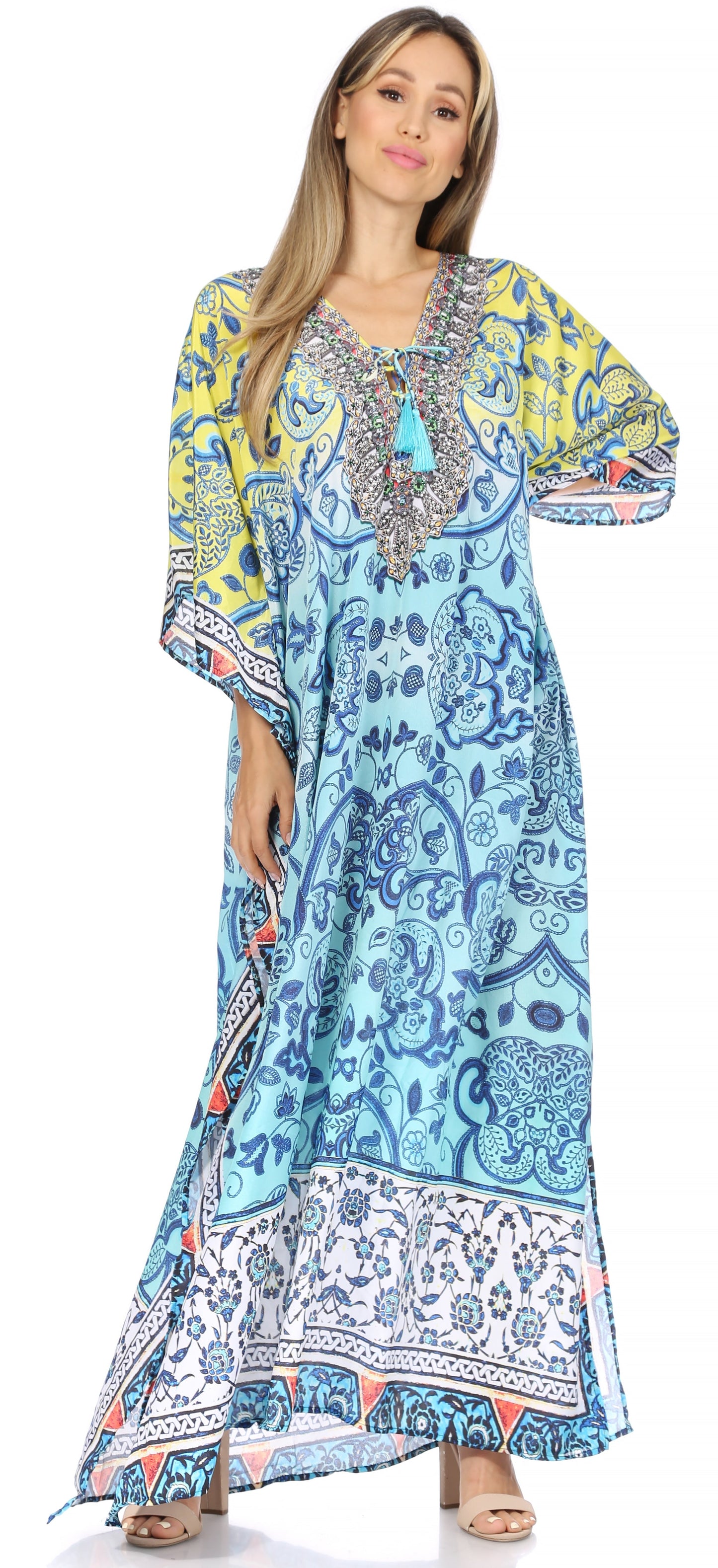 Sakkas Georgettina Flowy Rhinestone V Neck Long Caftan Dress/Cover Up - Concordia Style Boutique