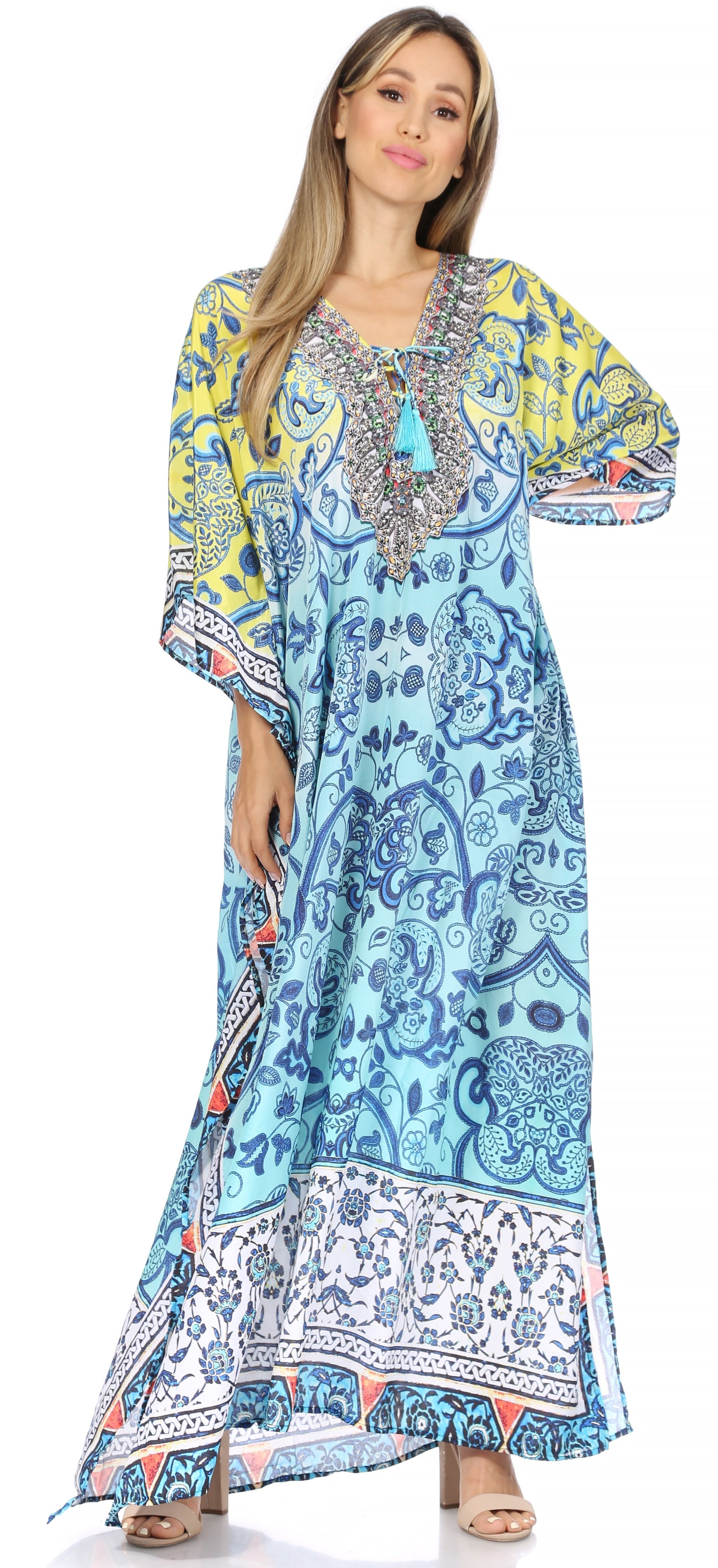 Sakkas Georgettina Flowy Rhinestone V Neck Long Caftan Dress/Cover Up - Concordia Style Boutique