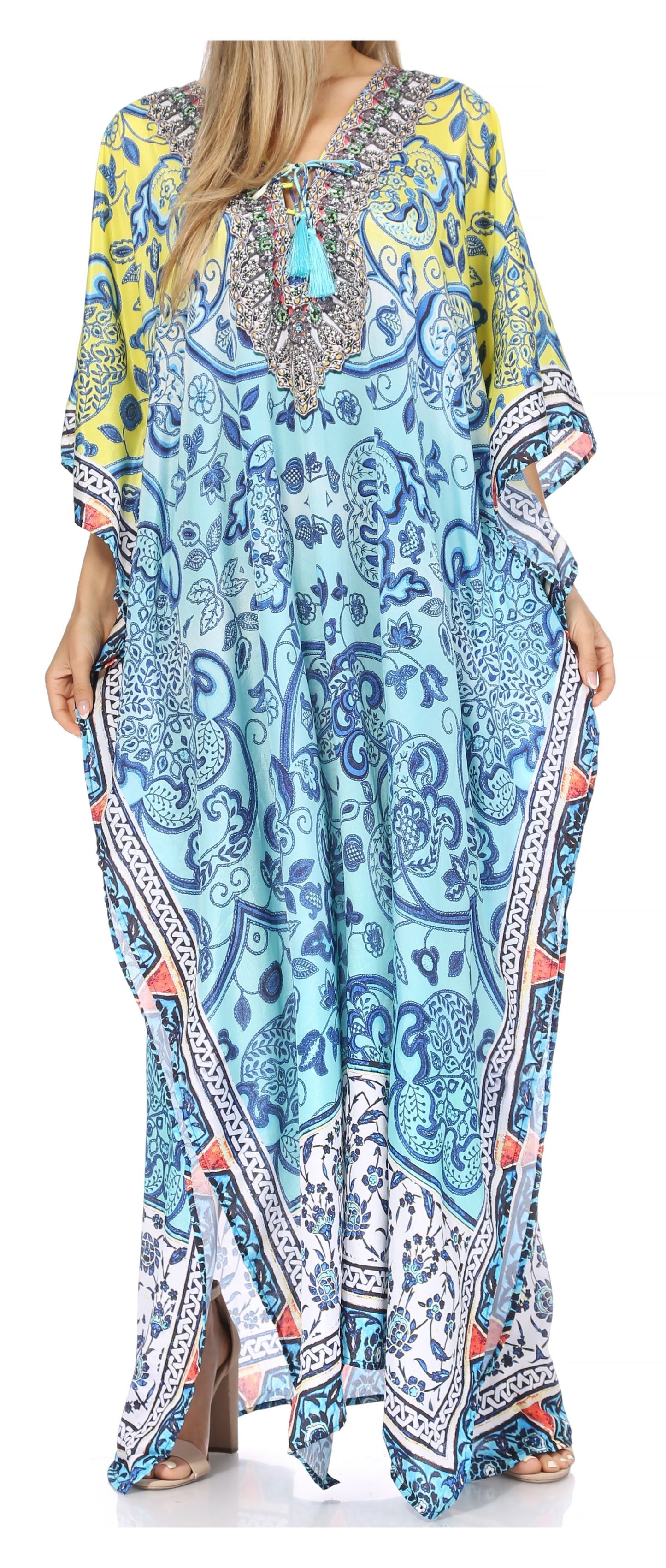Sakkas Georgettina Flowy Rhinestone V Neck Long Caftan Dress/Cover Up - Concordia Style Boutique