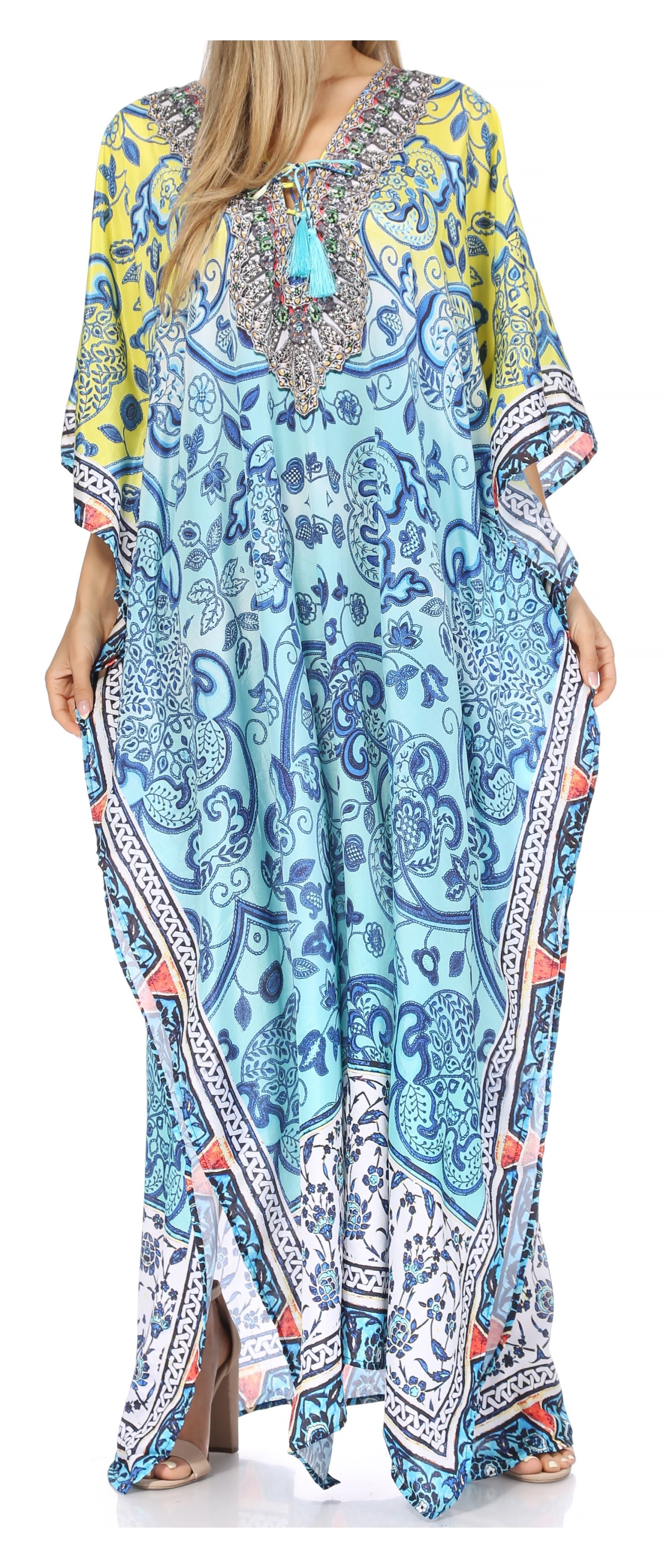 Sakkas Georgettina Flowy Rhinestone V Neck Long Caftan Dress/Cover Up - Concordia Style Boutique