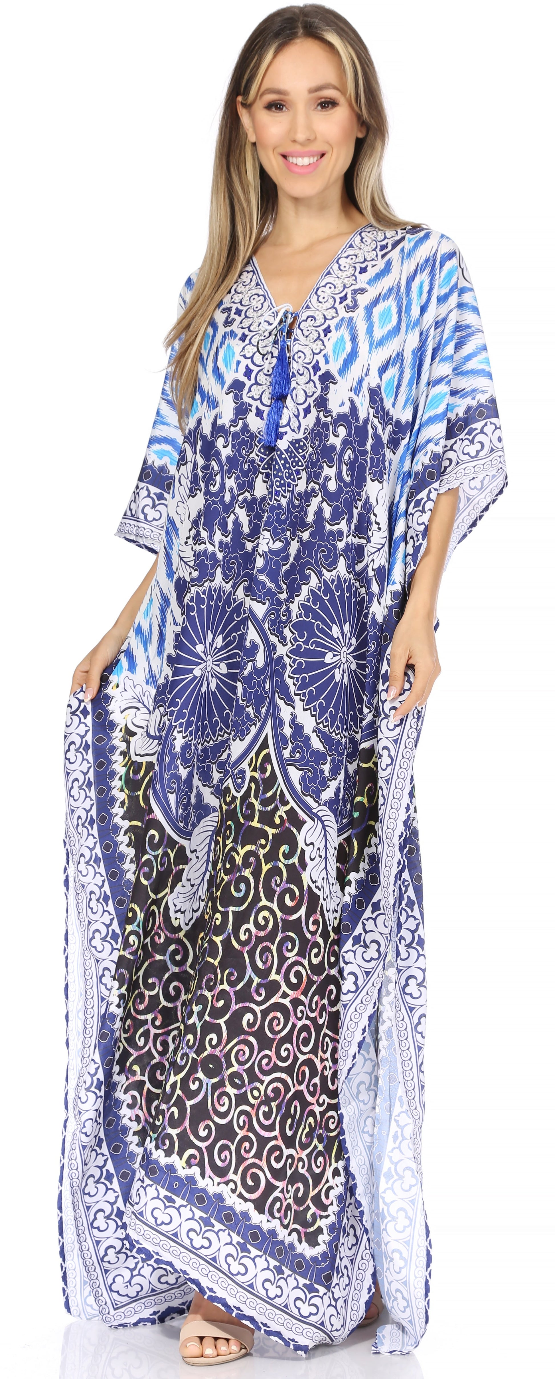 Sakkas Georgettina Flowy Rhinestone V Neck Long Caftan Dress/Cover Up - Concordia Style Boutique