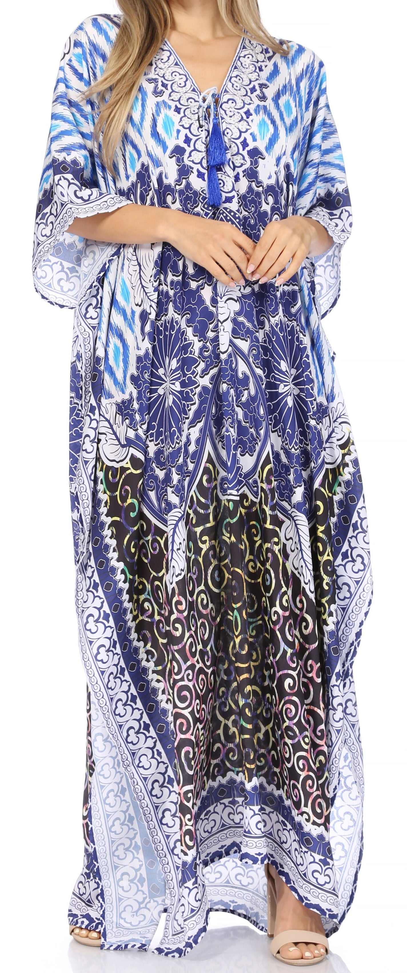 Sakkas Georgettina Flowy Rhinestone V Neck Long Caftan Dress/Cover Up - Concordia Style Boutique