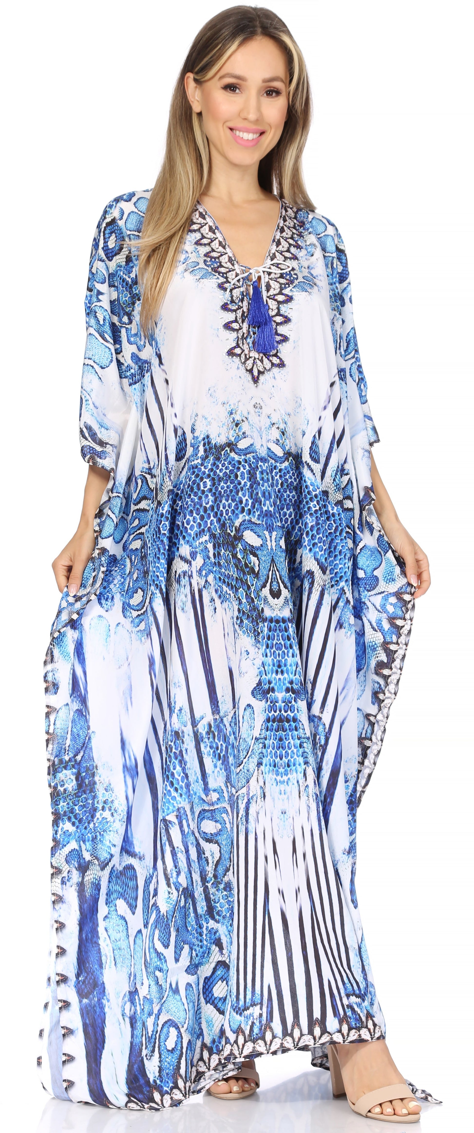 Sakkas Georgettina Flowy Rhinestone V Neck Long Caftan Dress/Cover Up - Concordia Style Boutique