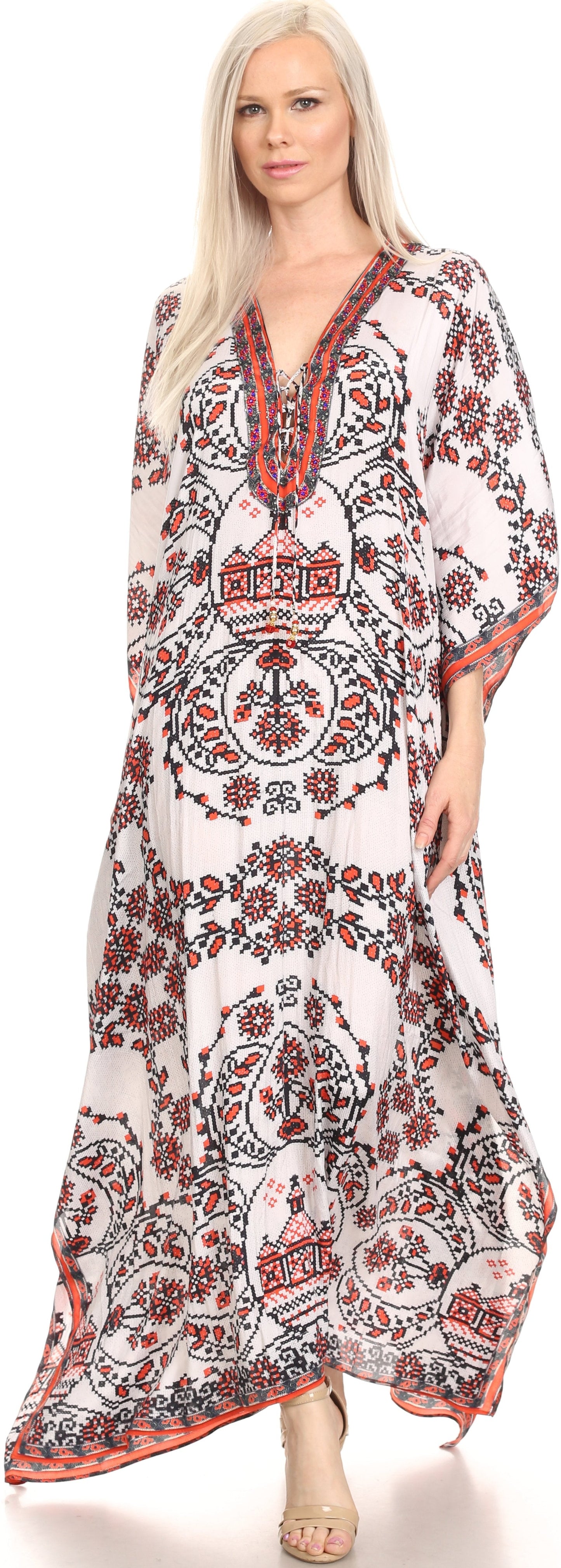 Sakkas Georgettina Flowy Rhinestone V Neck Long Caftan Dress/Cover Up - Concordia Style Boutique