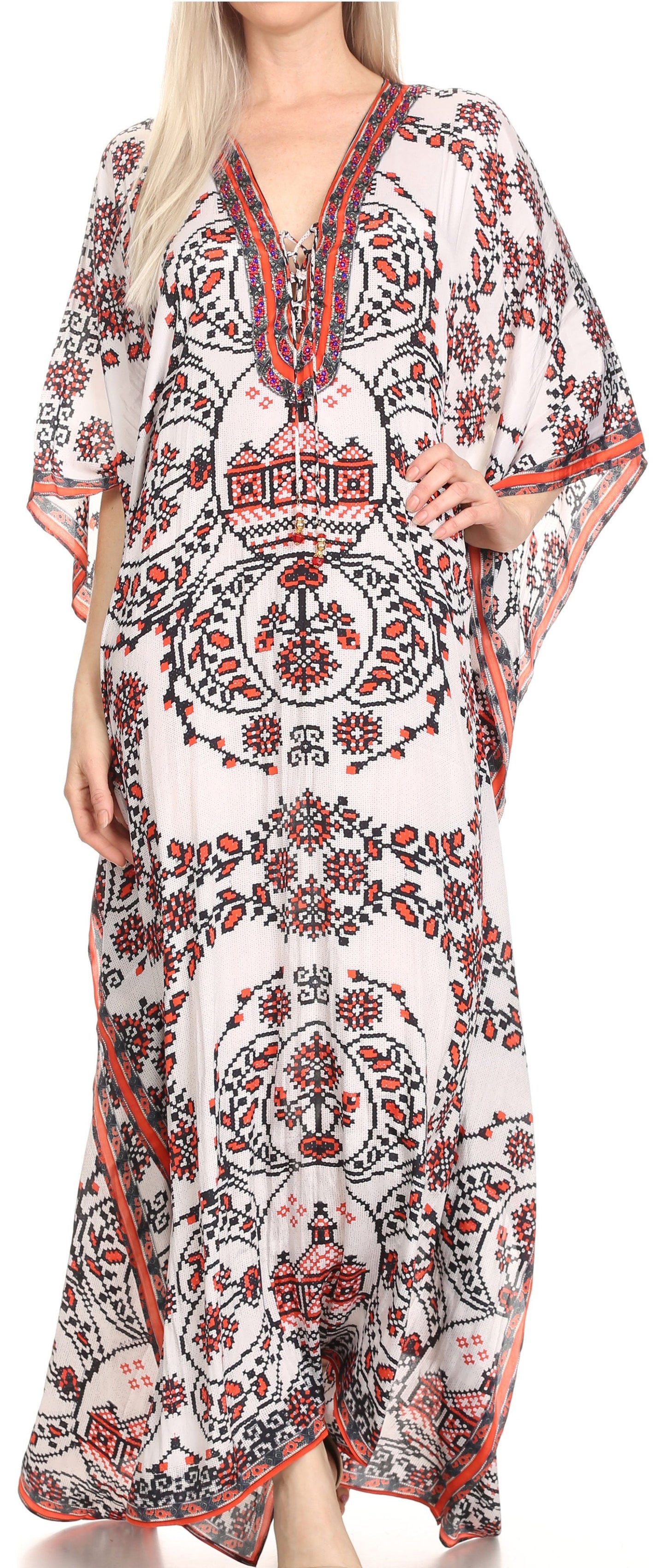 Sakkas Georgettina Flowy Rhinestone V Neck Long Caftan Dress/Cover Up - Concordia Style Boutique