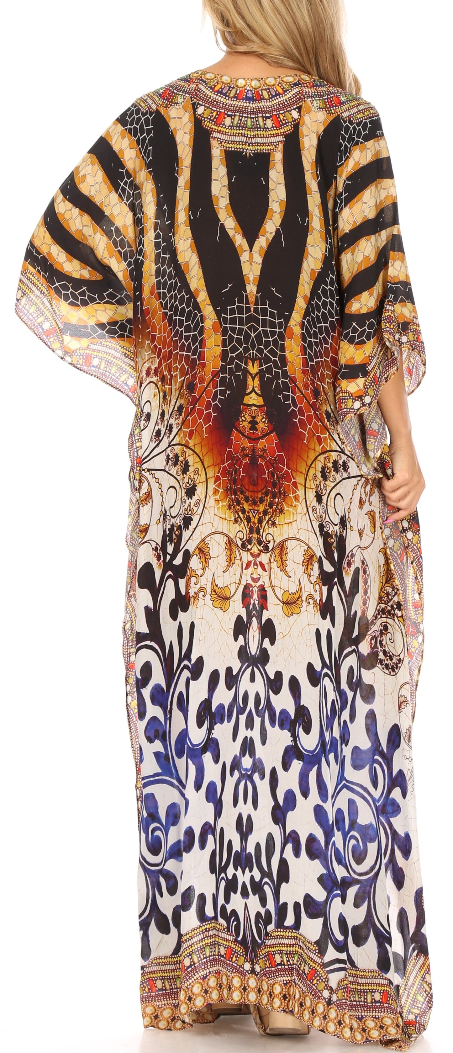 Sakkas Georgettina Flowy Rhinestone V Neck Long Caftan Dress/Cover Up - Concordia Style Boutique