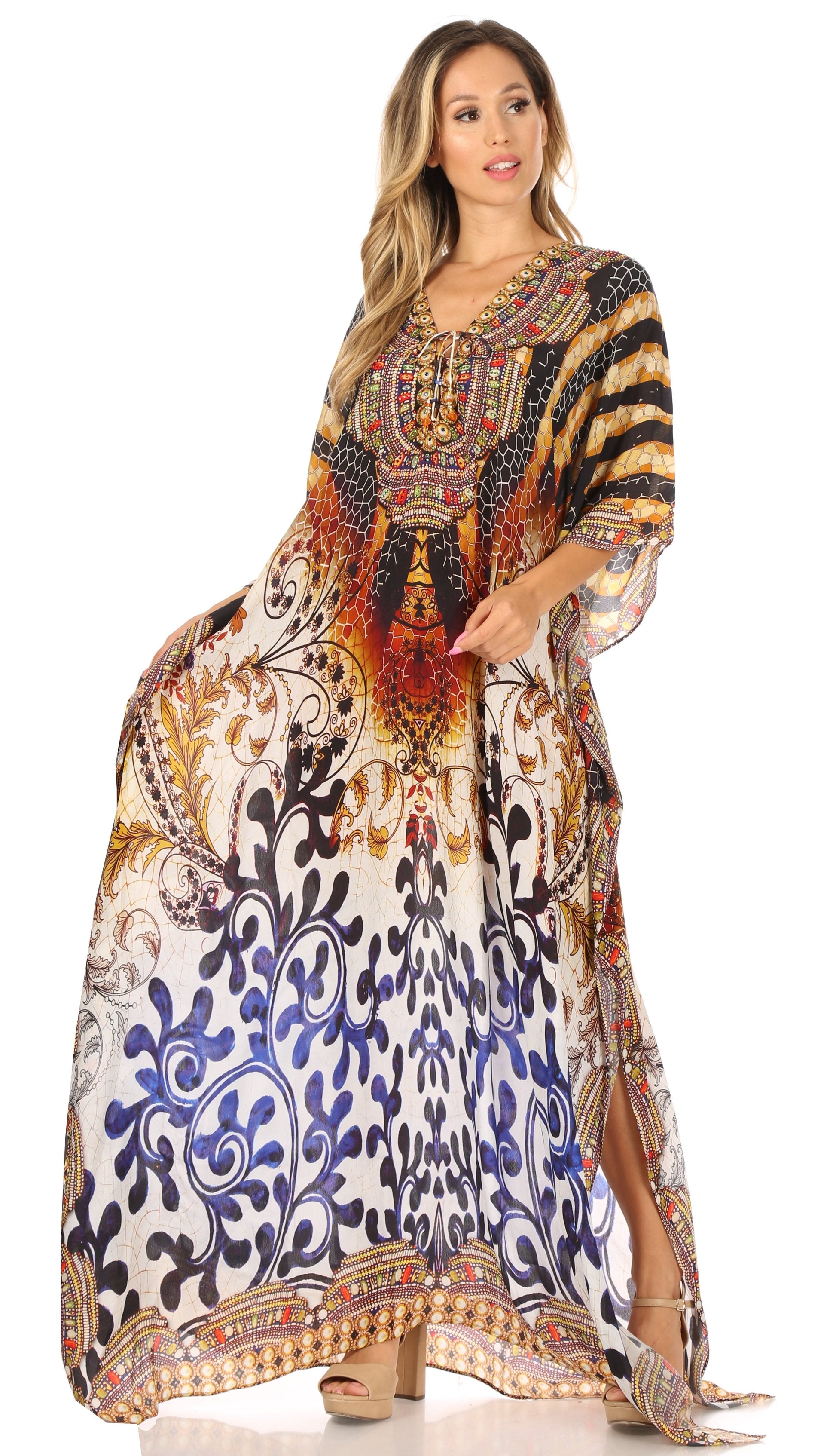 Sakkas Georgettina Flowy Rhinestone V Neck Long Caftan Dress/Cover Up - Concordia Style Boutique