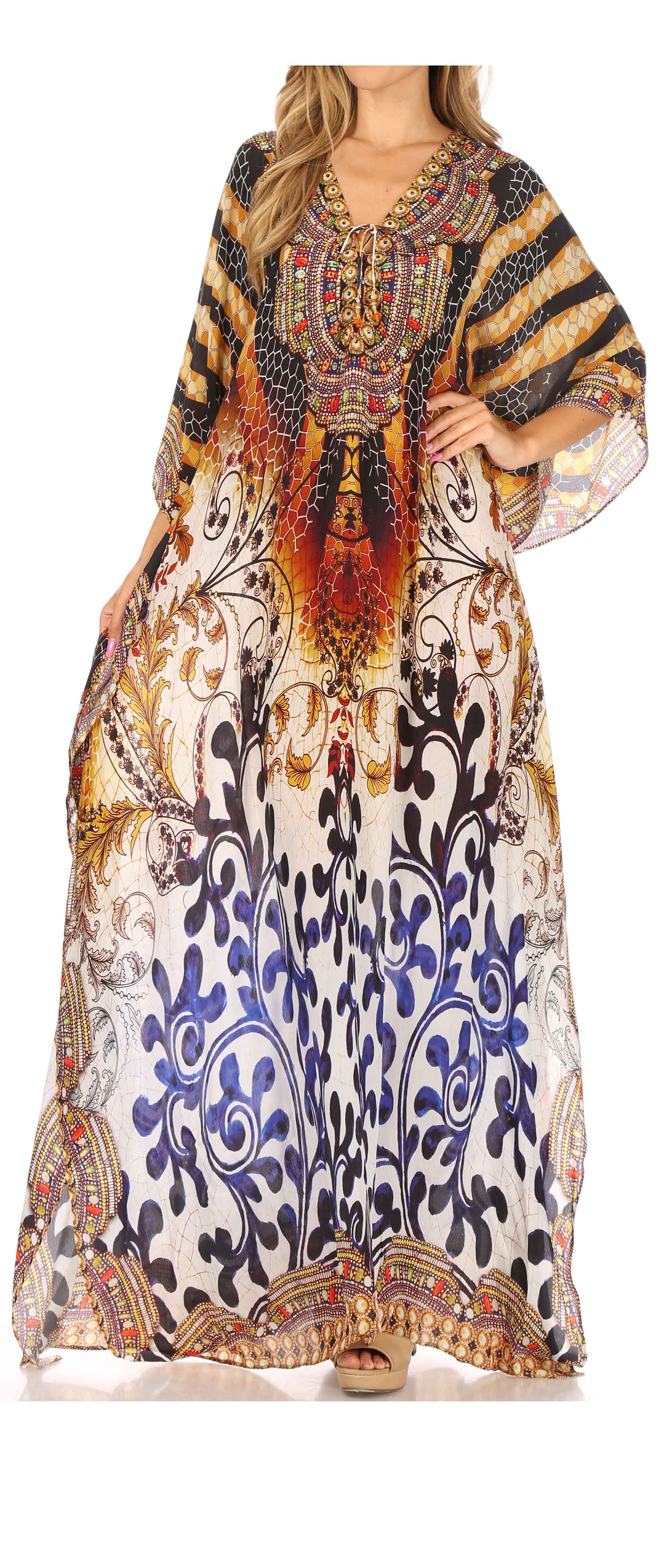 Sakkas Georgettina Flowy Rhinestone V Neck Long Caftan Dress/Cover Up - Concordia Style Boutique