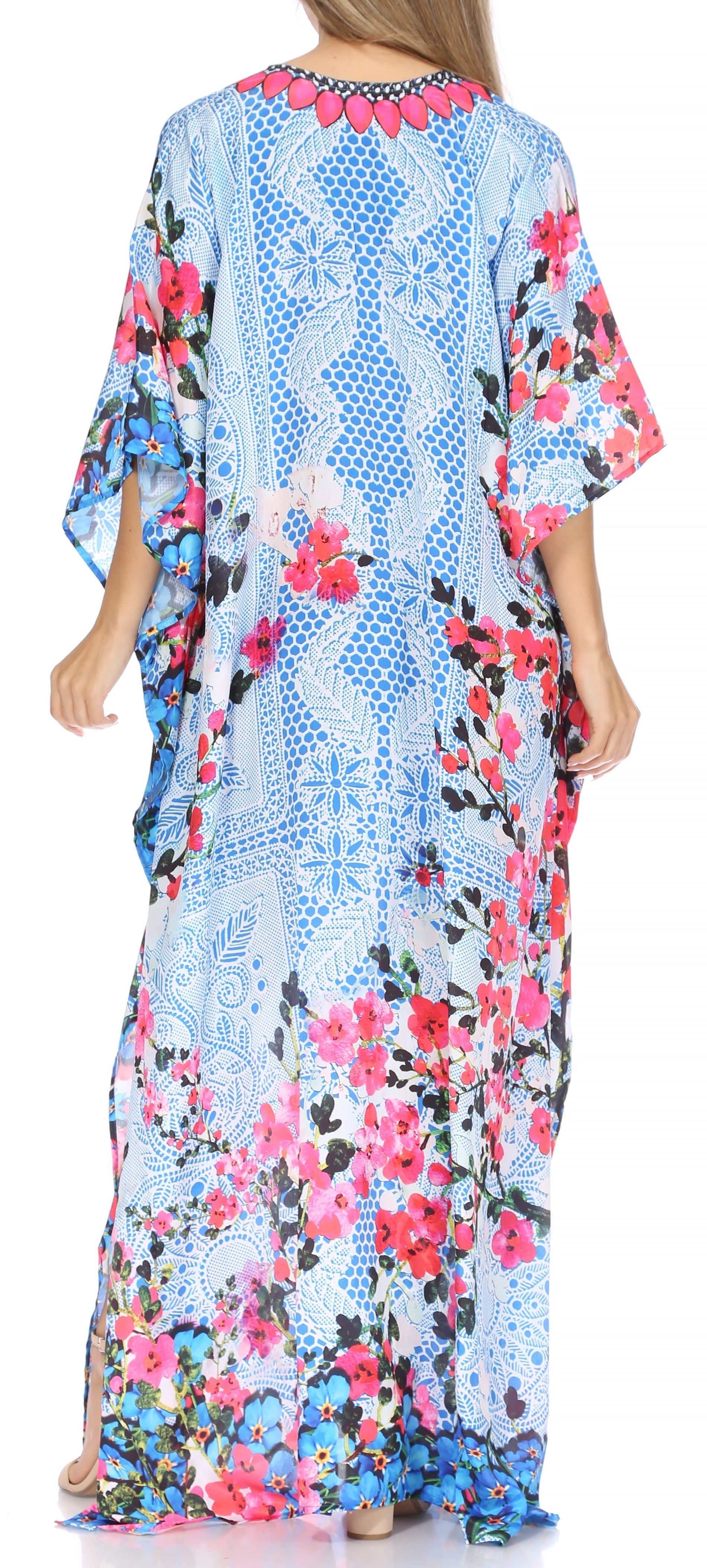 Sakkas Georgettina Flowy Rhinestone V Neck Long Caftan Dress/Cover Up - Concordia Style Boutique