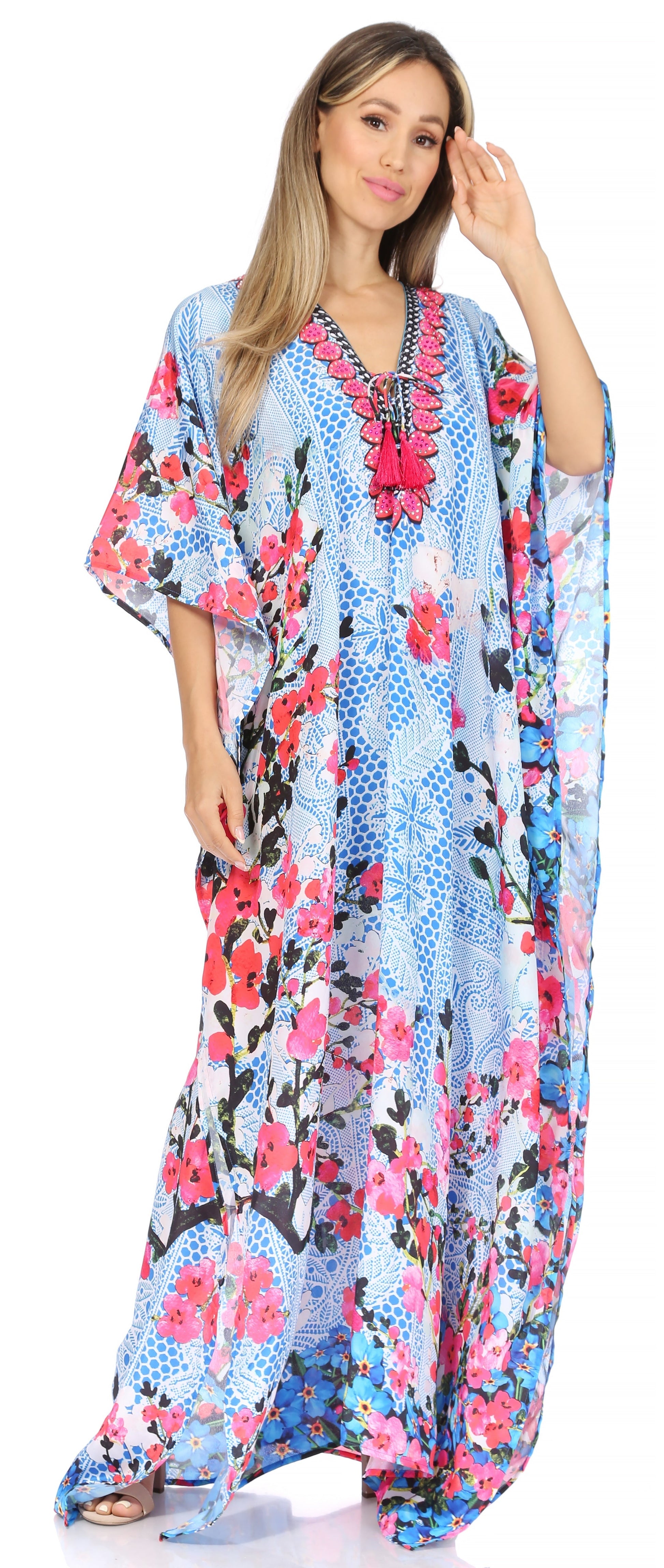 Sakkas Georgettina Flowy Rhinestone V Neck Long Caftan Dress/Cover Up - Concordia Style Boutique