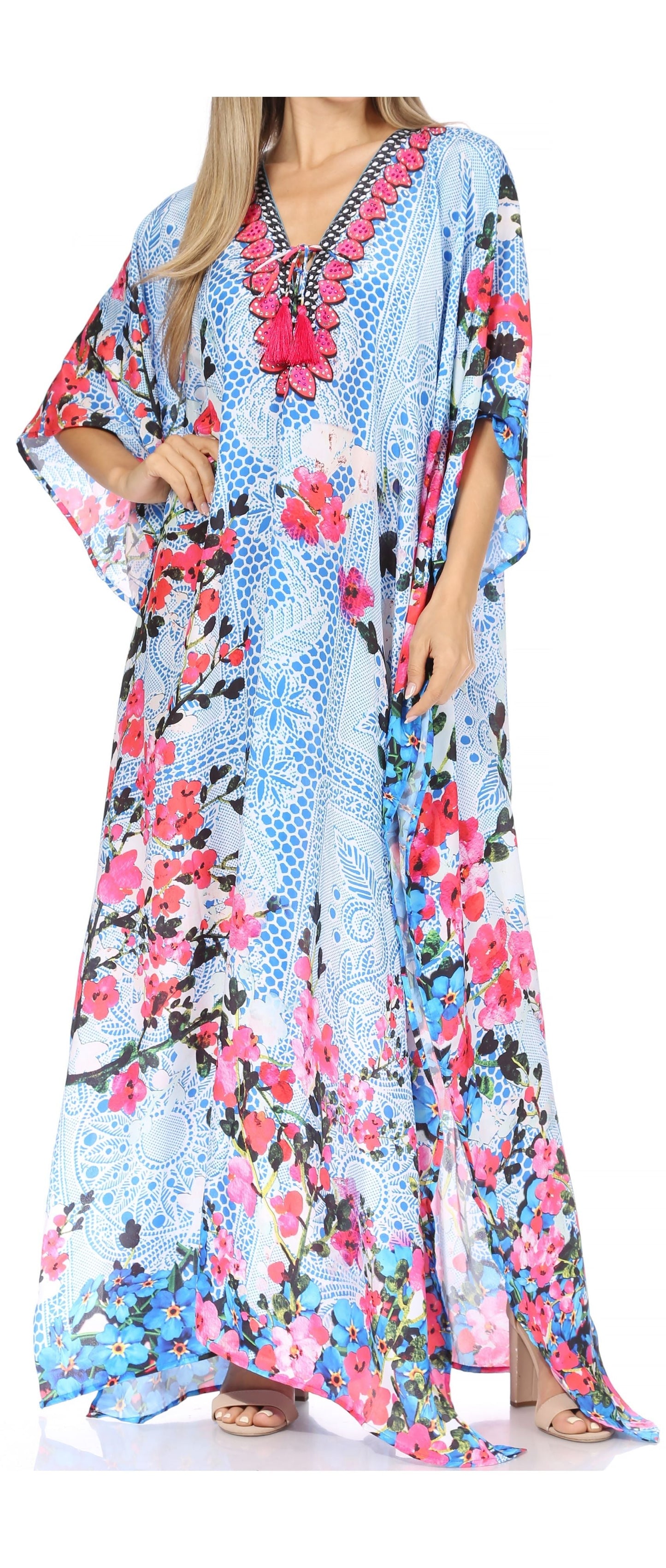 Sakkas Georgettina Flowy Rhinestone V Neck Long Caftan Dress/Cover Up - Concordia Style Boutique
