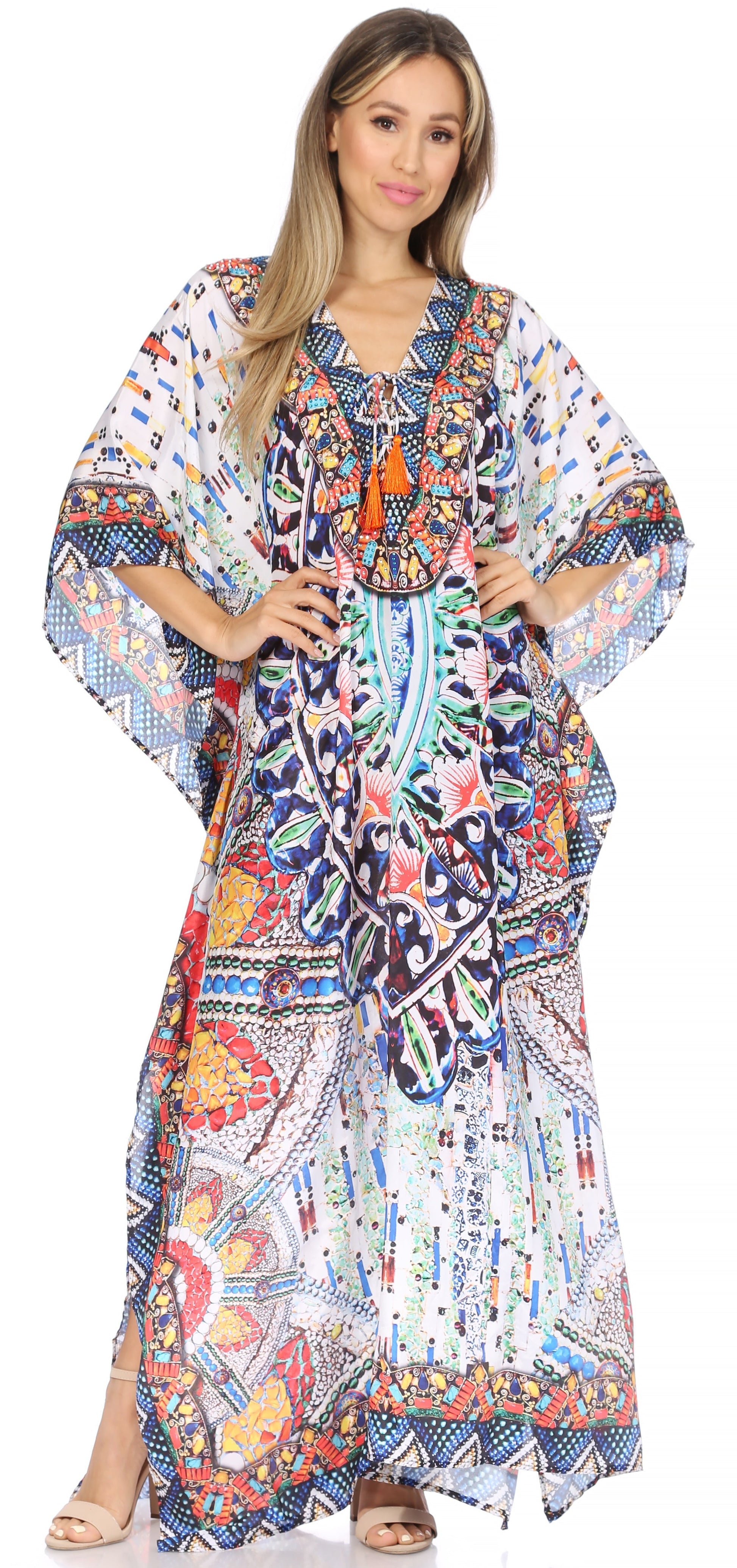 Sakkas Georgettina Flowy Rhinestone V Neck Long Caftan Dress/Cover Up - Concordia Style Boutique
