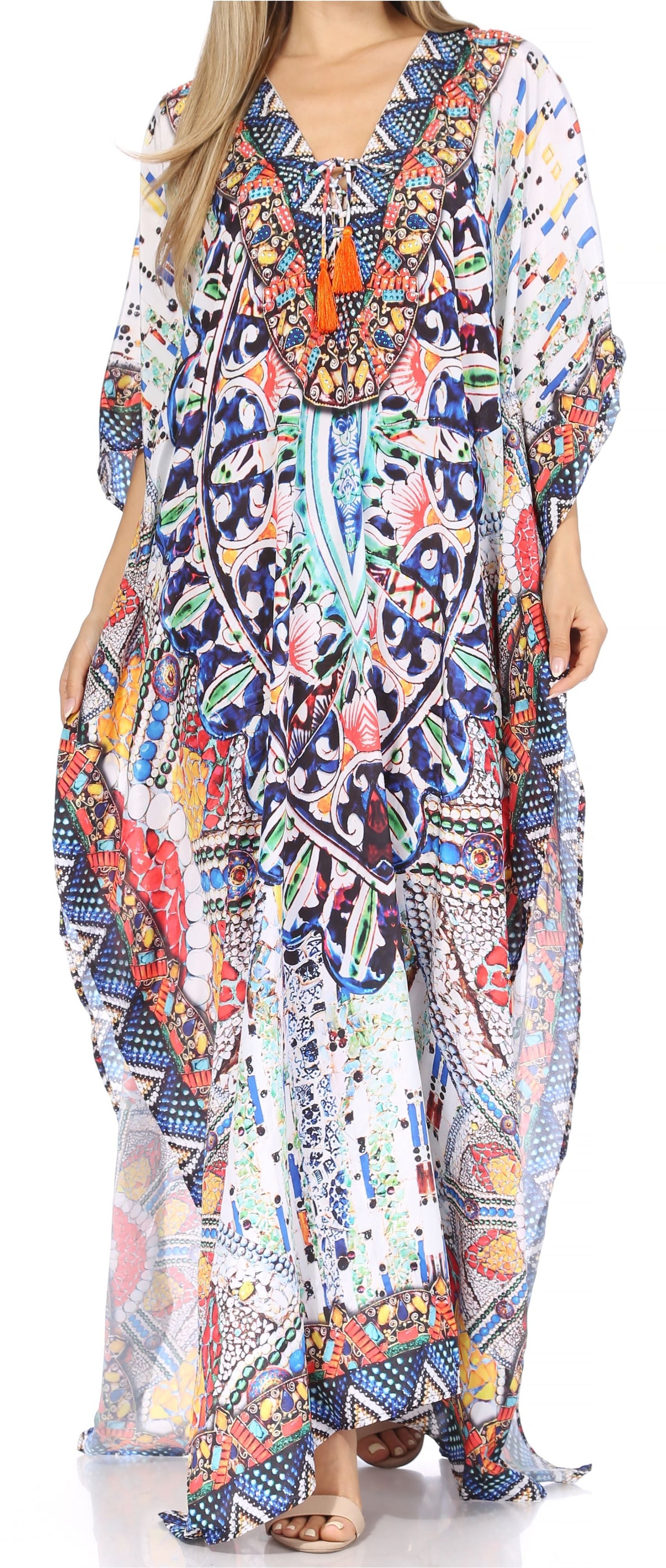 Sakkas Georgettina Flowy Rhinestone V Neck Long Caftan Dress/Cover Up - Concordia Style Boutique