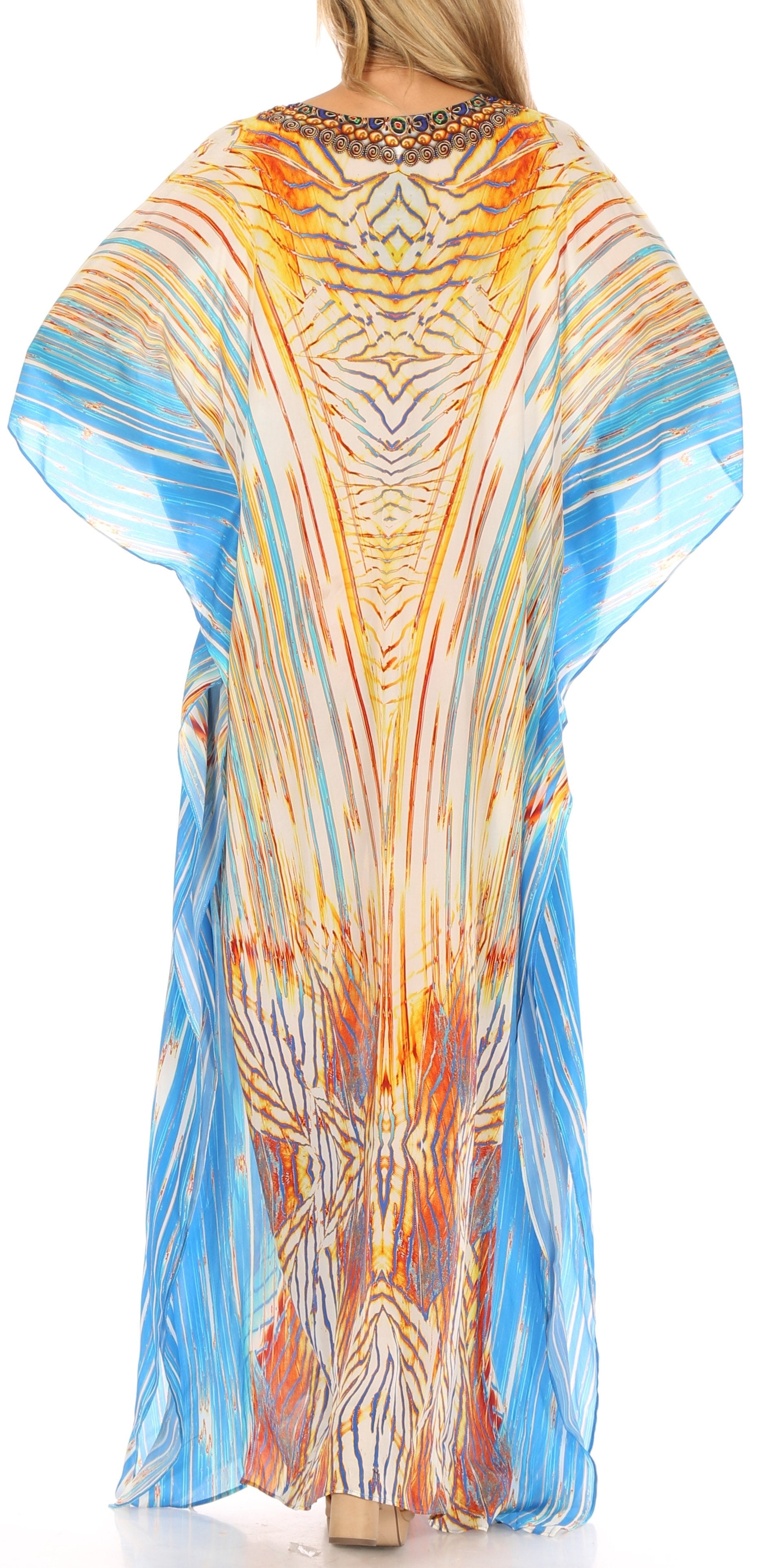 Sakkas Georgettina Flowy Rhinestone V Neck Long Caftan Dress/Cover Up - Concordia Style Boutique