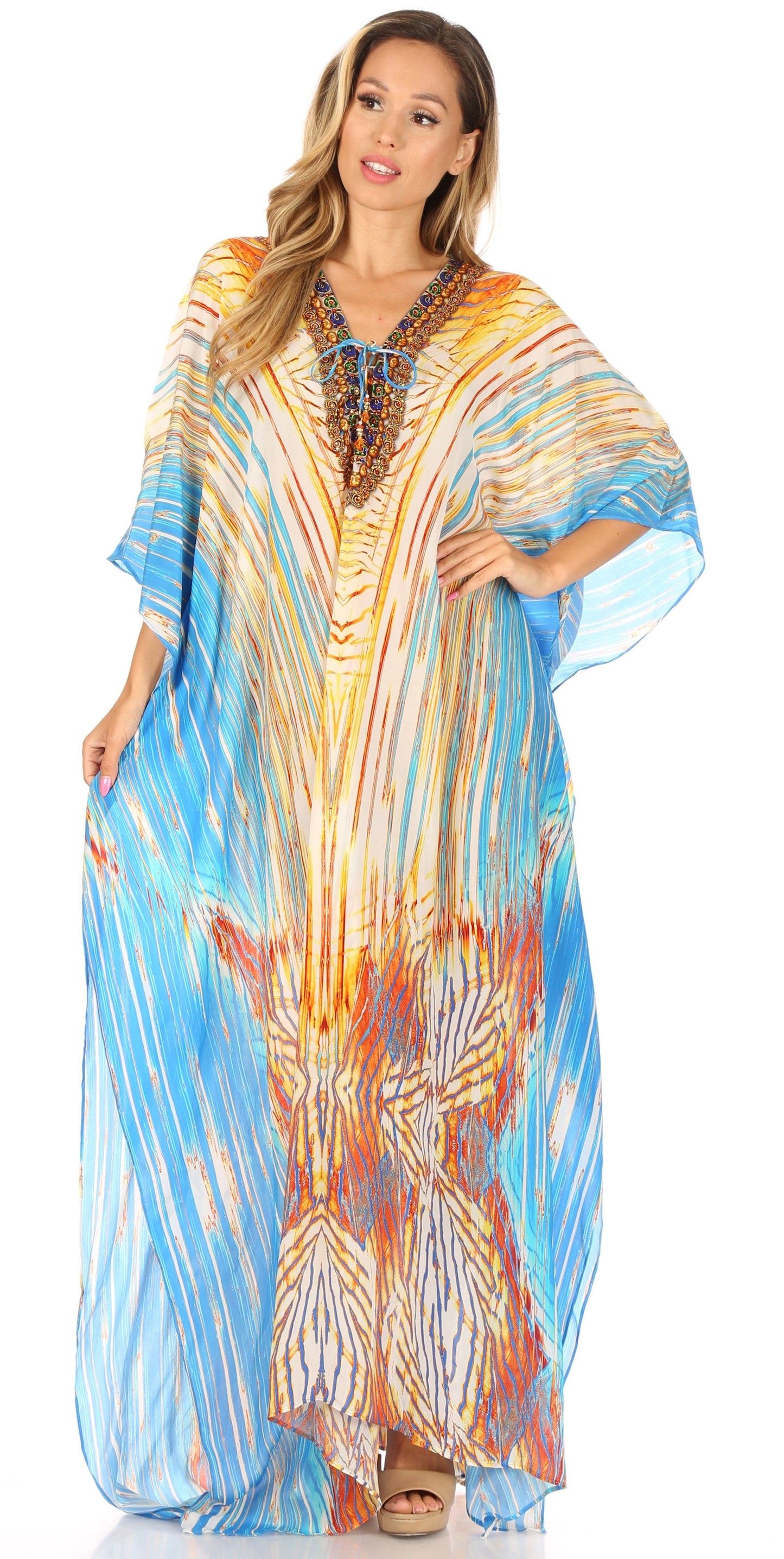 Sakkas Georgettina Flowy Rhinestone V Neck Long Caftan Dress/Cover Up - Concordia Style Boutique