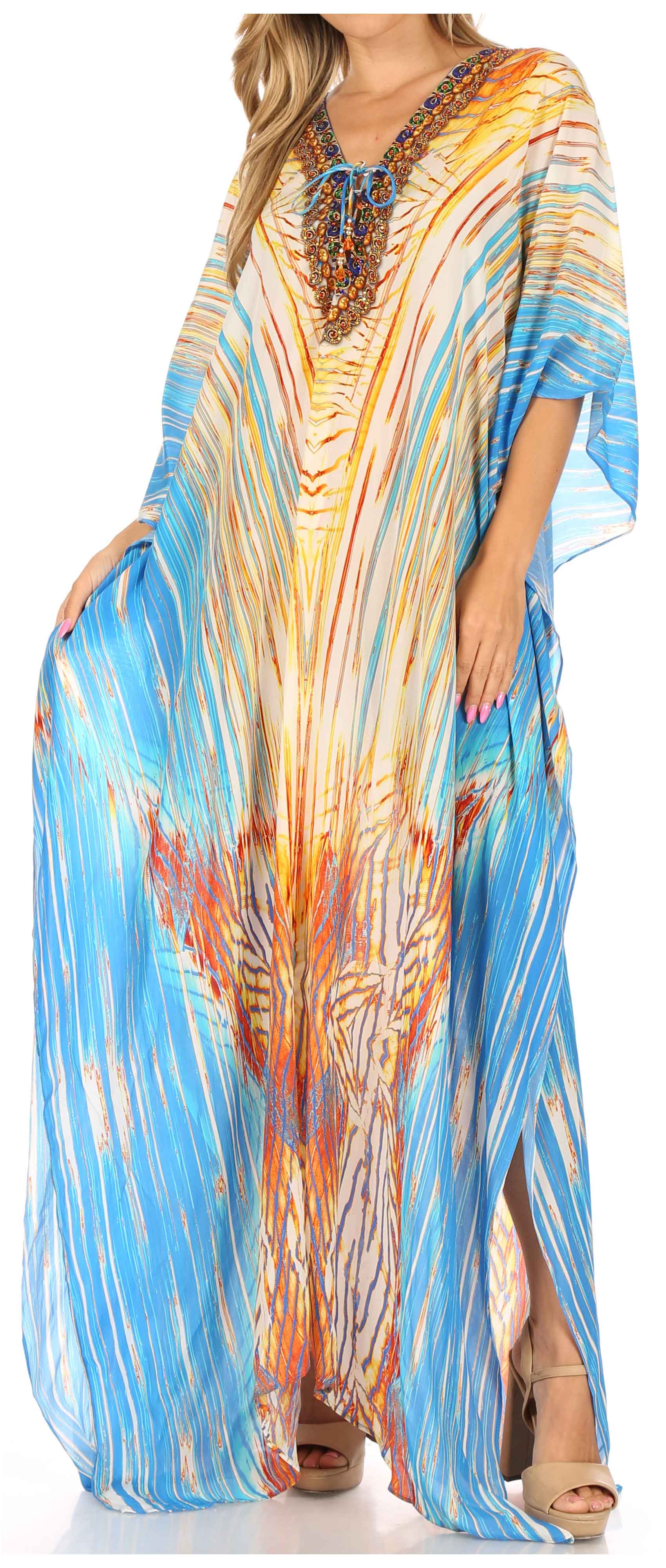 Sakkas Georgettina Flowy Rhinestone V Neck Long Caftan Dress/Cover Up - Concordia Style Boutique