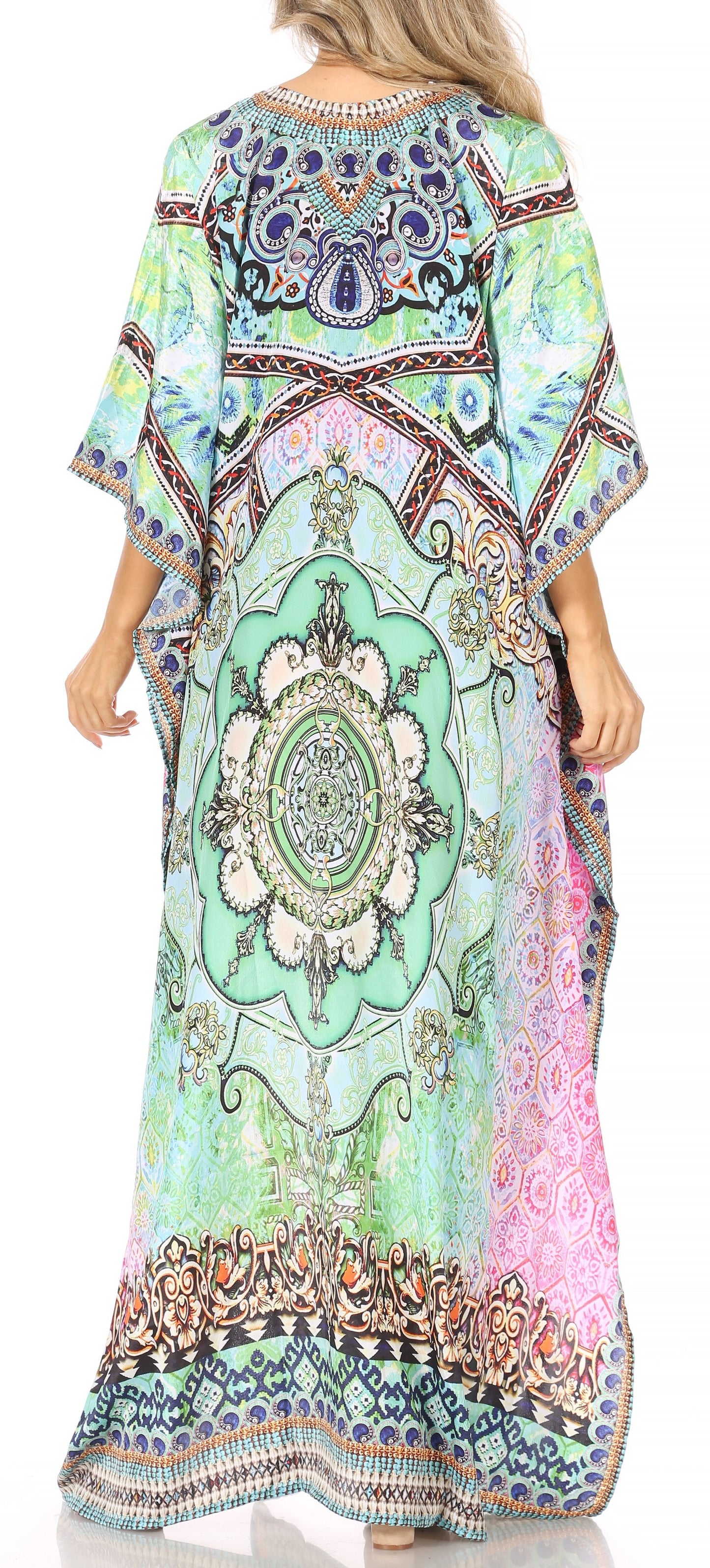 Sakkas Georgettina Flowy Rhinestone V Neck Long Caftan Dress/Cover Up - Concordia Style Boutique