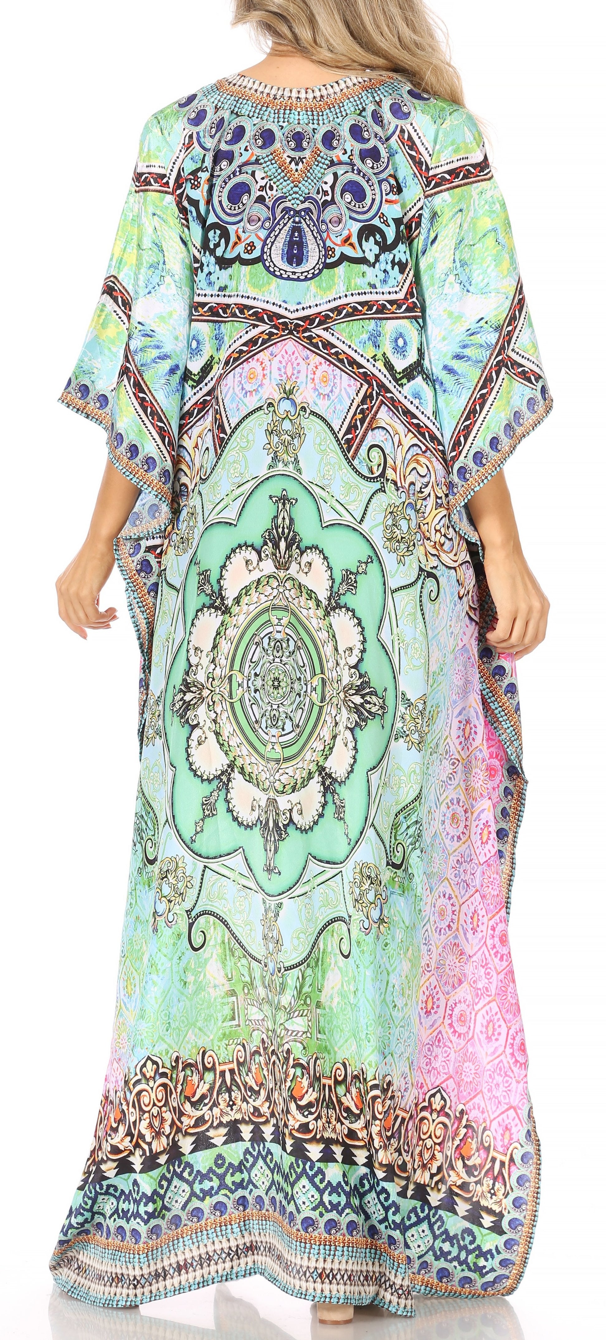 Sakkas Georgettina Flowy Rhinestone V Neck Long Caftan Dress/Cover Up - Concordia Style Boutique