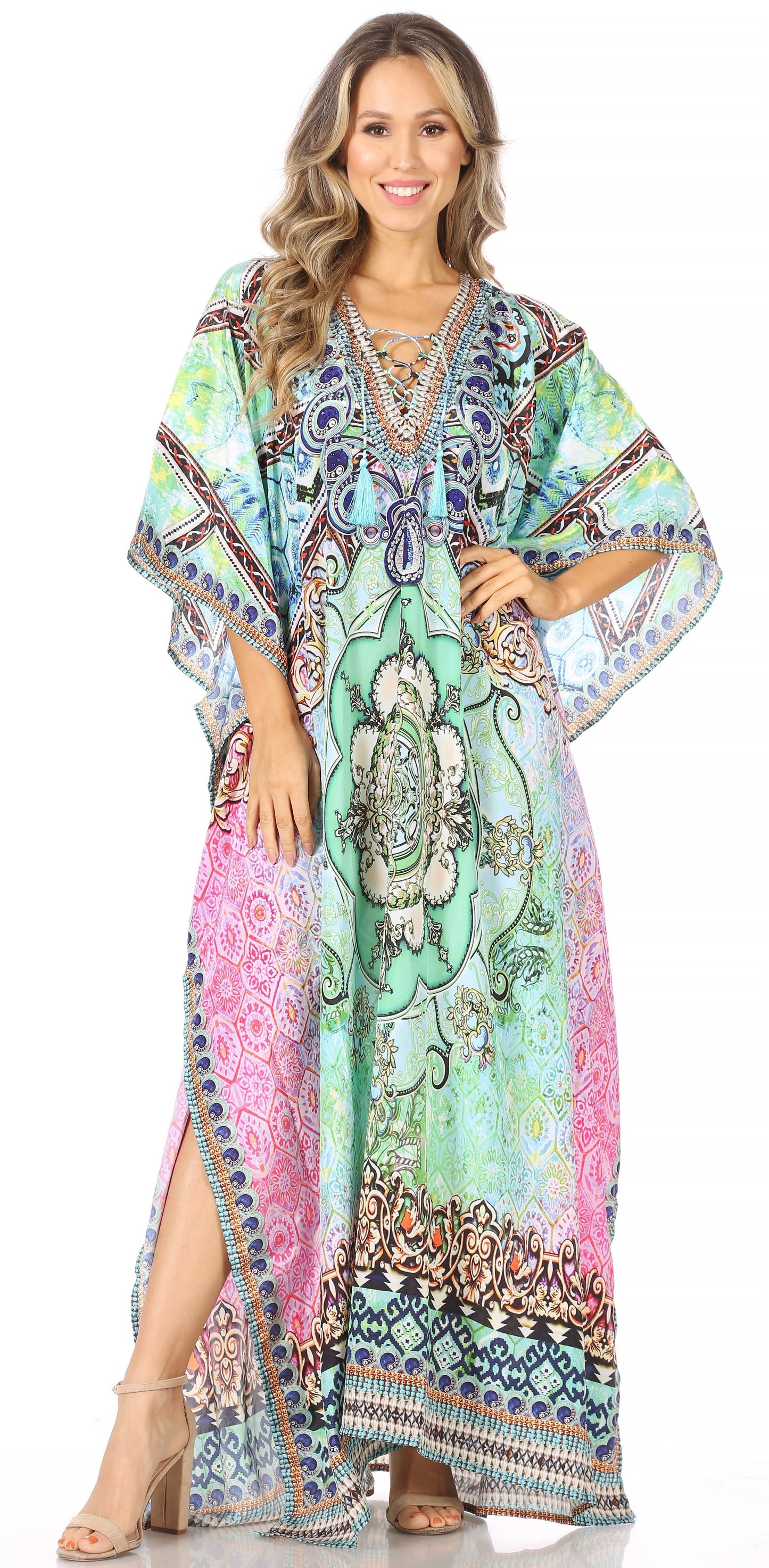Sakkas Georgettina Flowy Rhinestone V Neck Long Caftan Dress/Cover Up - Concordia Style Boutique