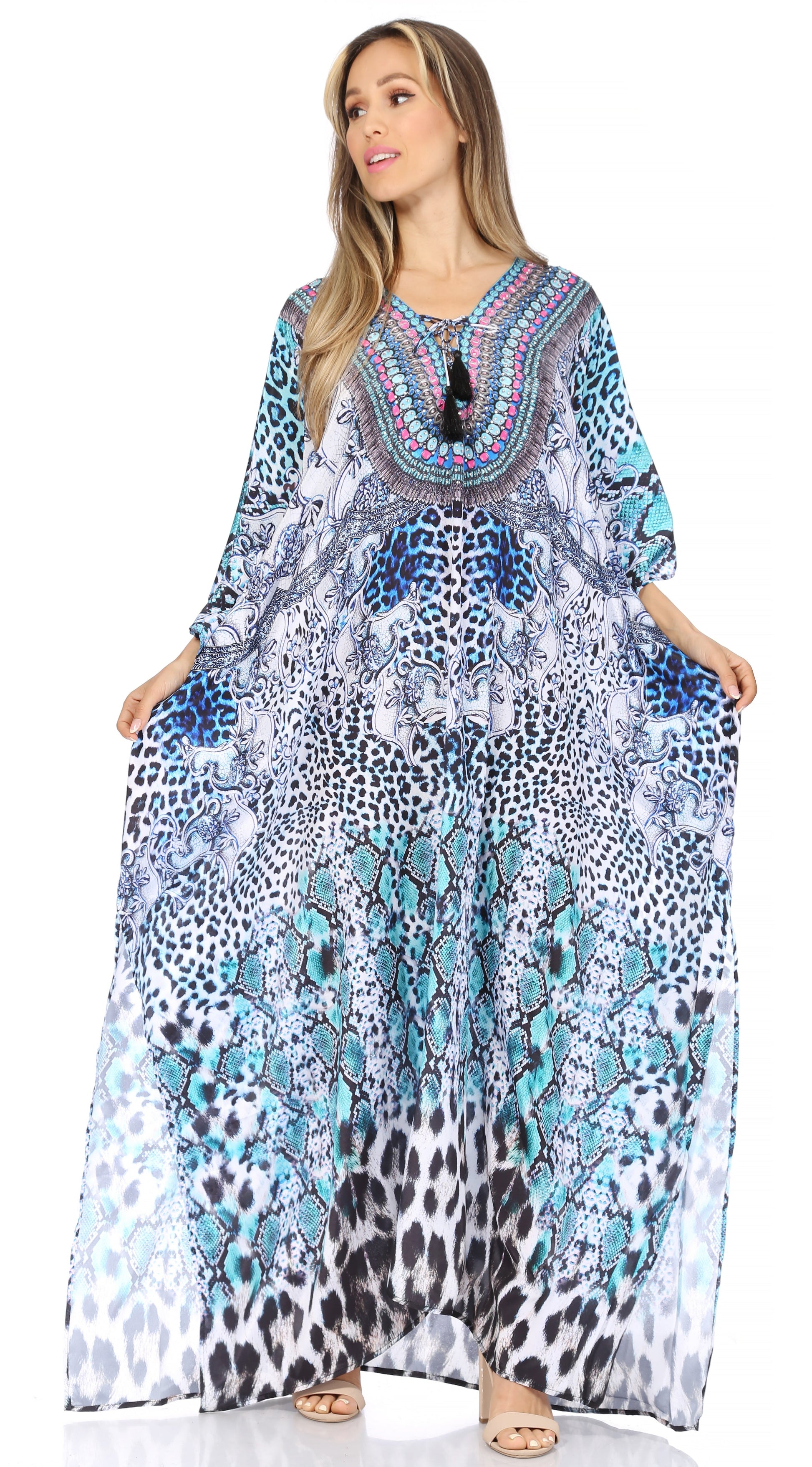 Sakkas Georgettina Flowy Rhinestone V Neck Long Caftan Dress/Cover Up - Concordia Style Boutique