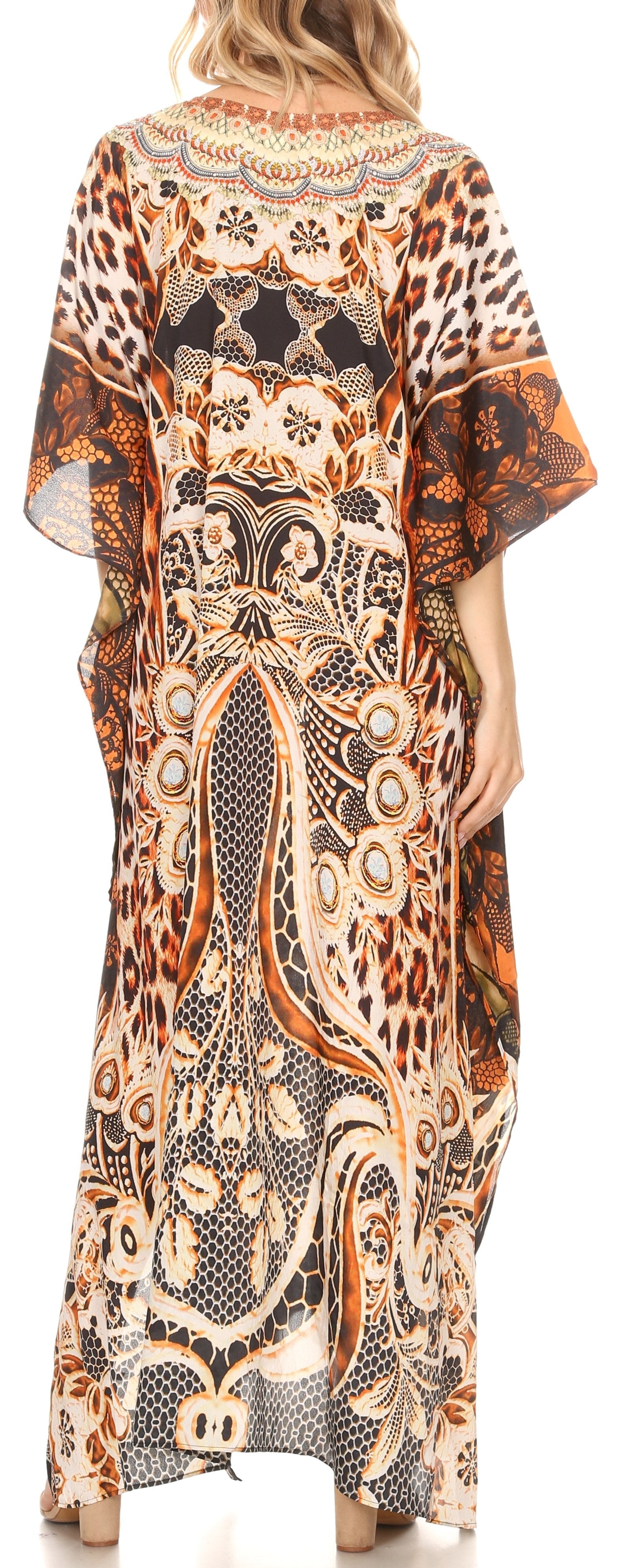 Sakkas Georgettina Flowy Rhinestone V Neck Long Caftan Dress/Cover Up - Concordia Style Boutique
