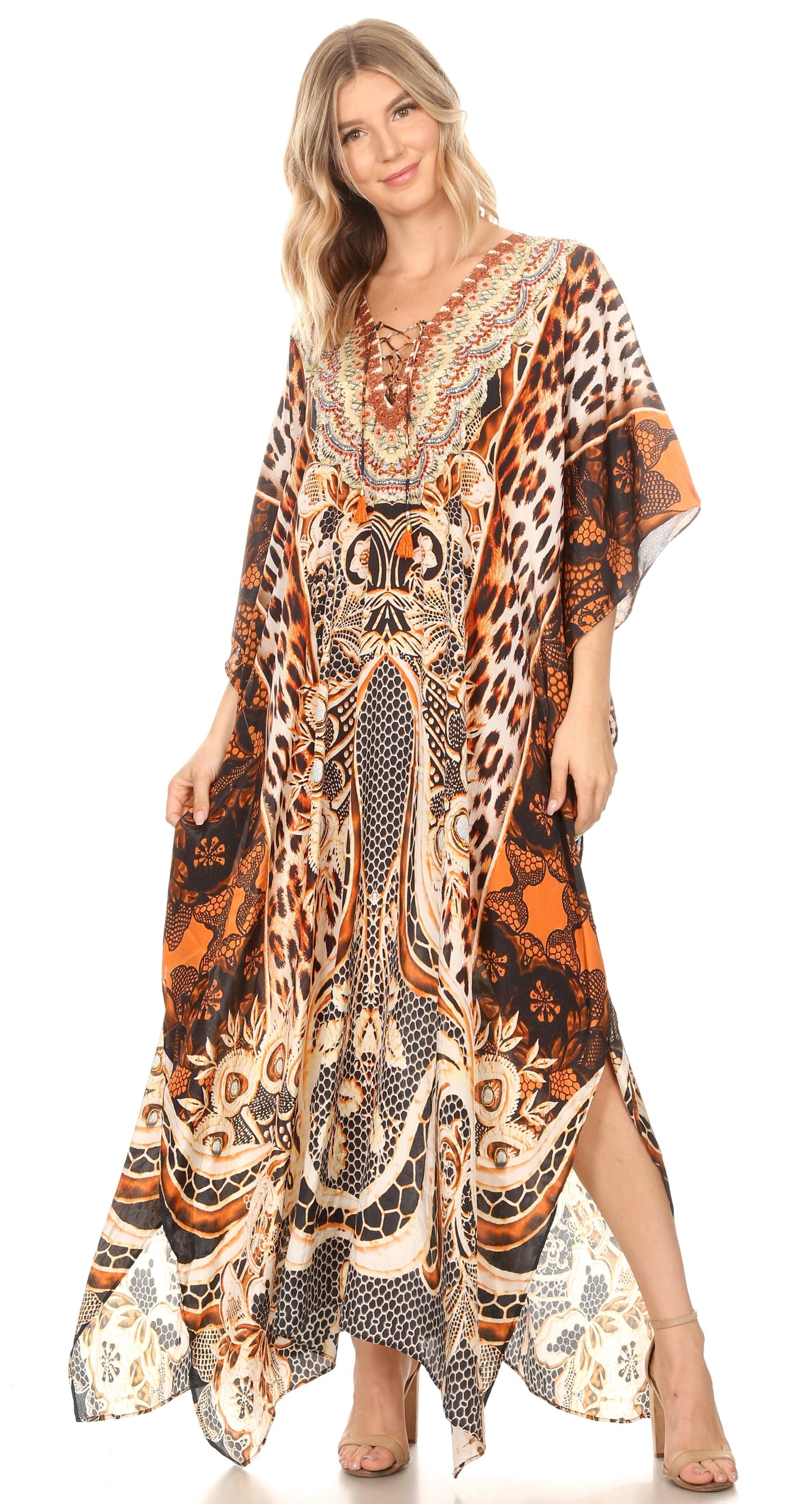 Sakkas Georgettina Flowy Rhinestone V Neck Long Caftan Dress/Cover Up - Concordia Style Boutique