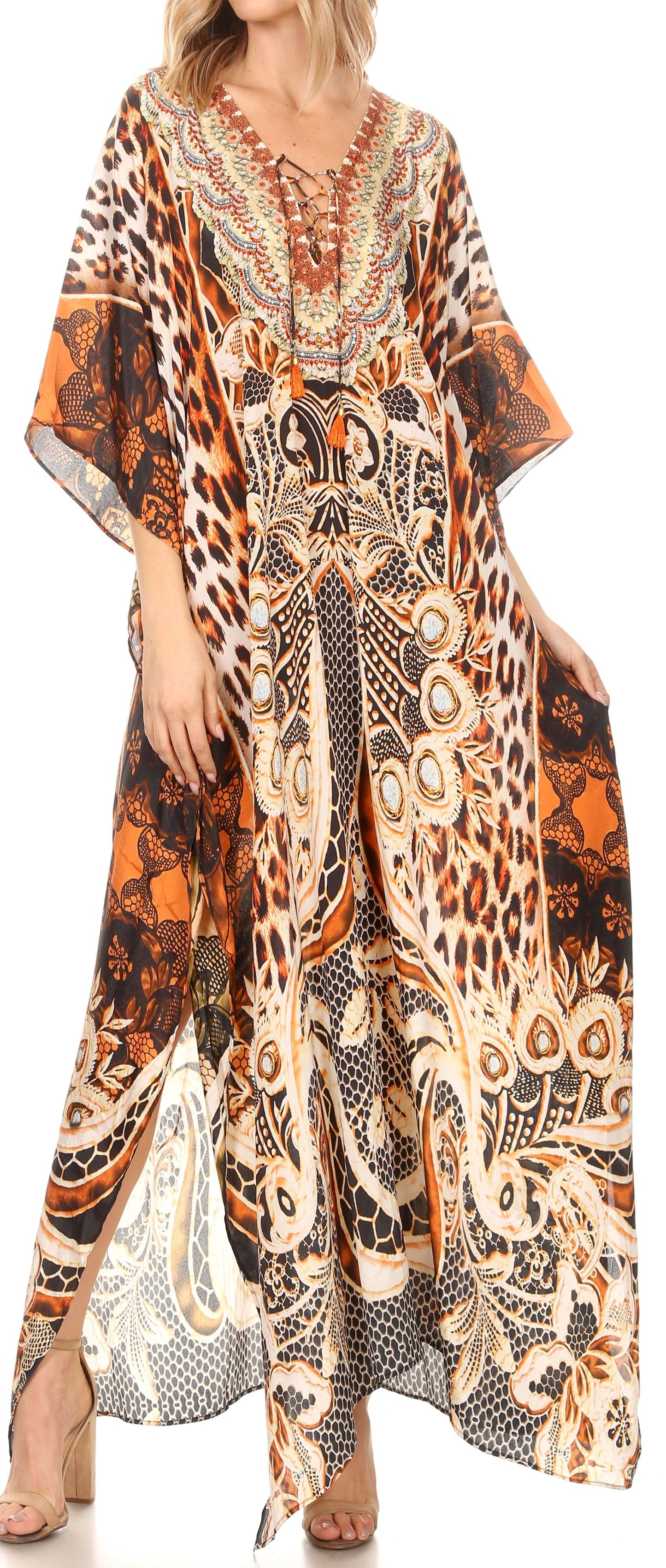 Sakkas Georgettina Flowy Rhinestone V Neck Long Caftan Dress/Cover Up - Concordia Style Boutique