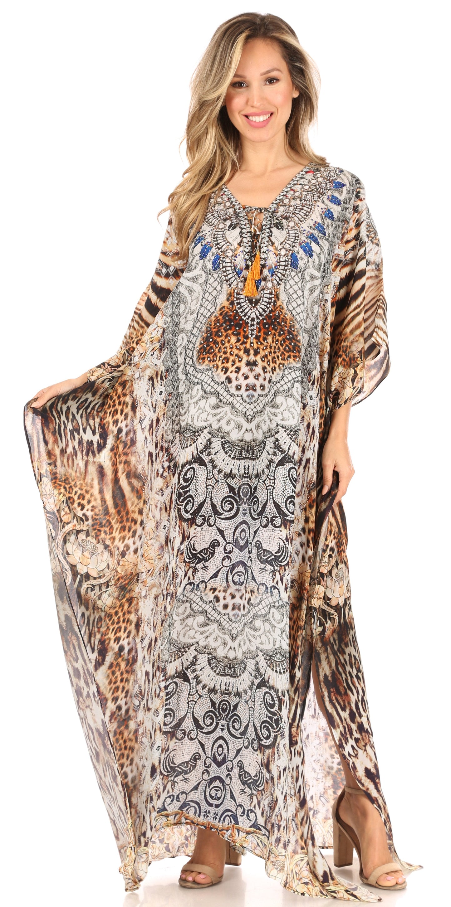 Sakkas Georgettina Flowy Rhinestone V Neck Long Caftan Dress/Cover Up - Concordia Style Boutique