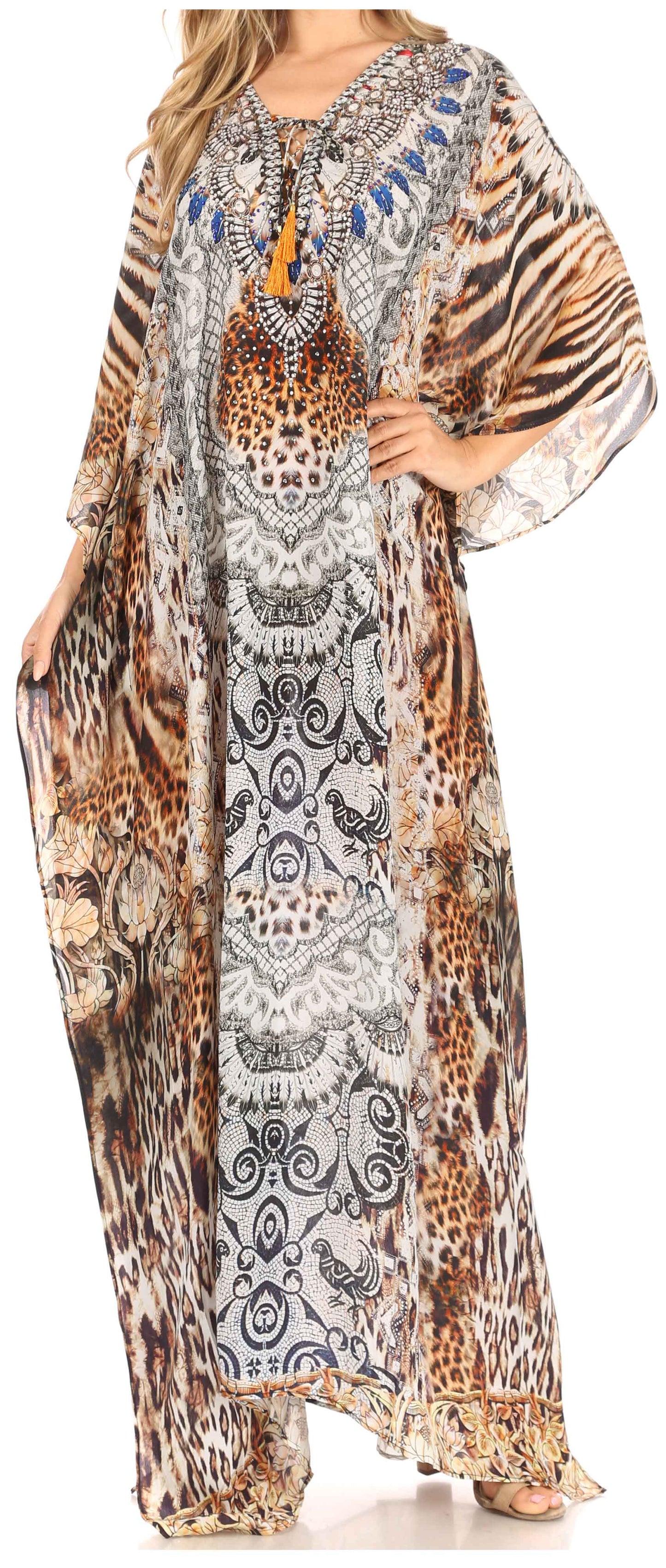 Sakkas Georgettina Flowy Rhinestone V Neck Long Caftan Dress/Cover Up - Concordia Style Boutique