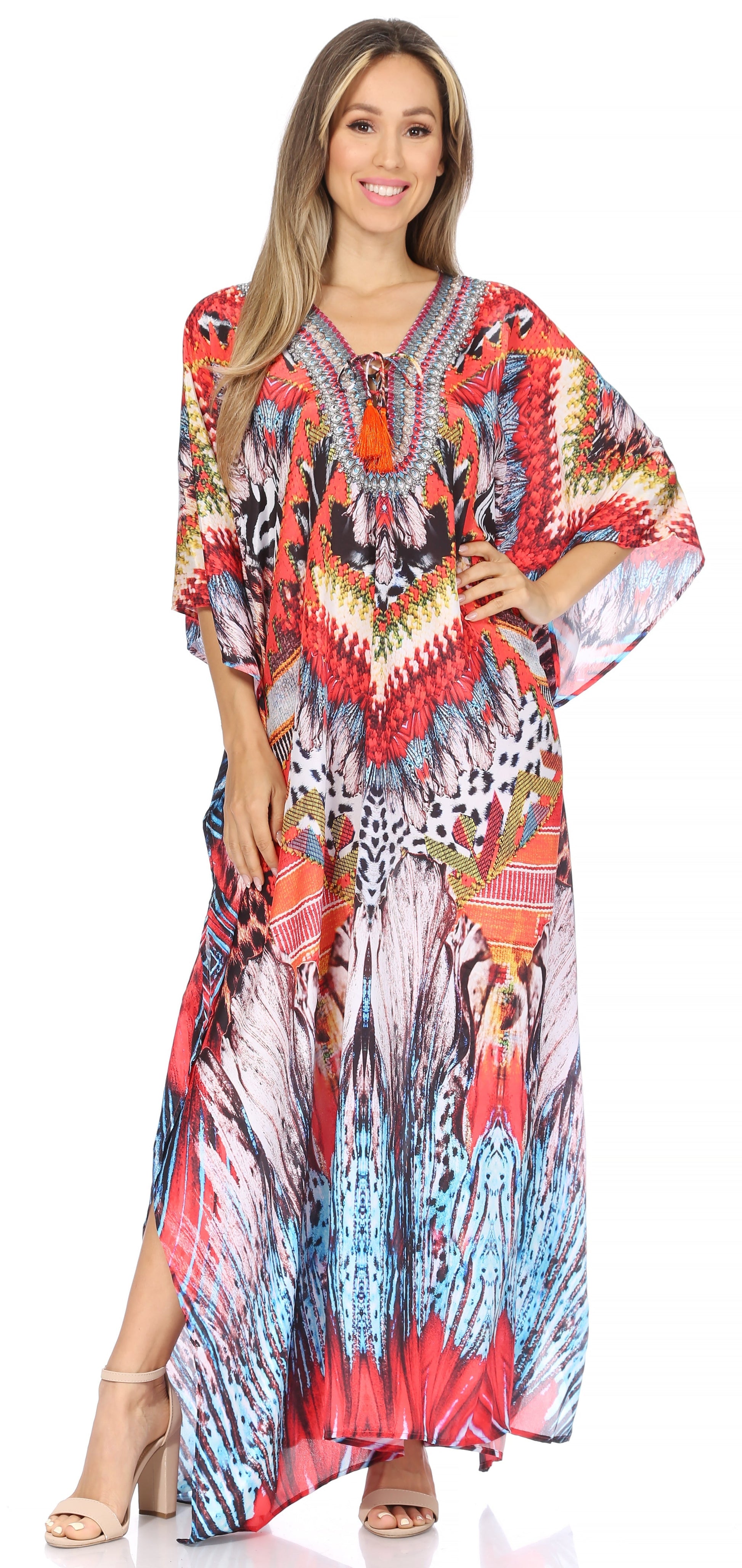 Sakkas Georgettina Flowy Rhinestone V Neck Long Caftan Dress/Cover Up - Concordia Style Boutique