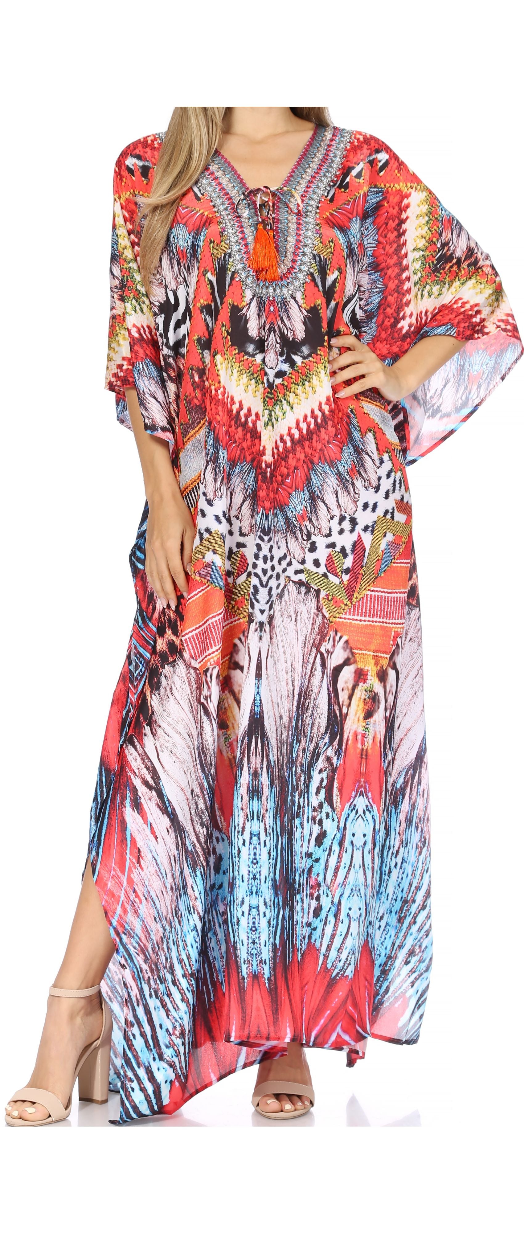 Sakkas Georgettina Flowy Rhinestone V Neck Long Caftan Dress/Cover Up - Concordia Style Boutique
