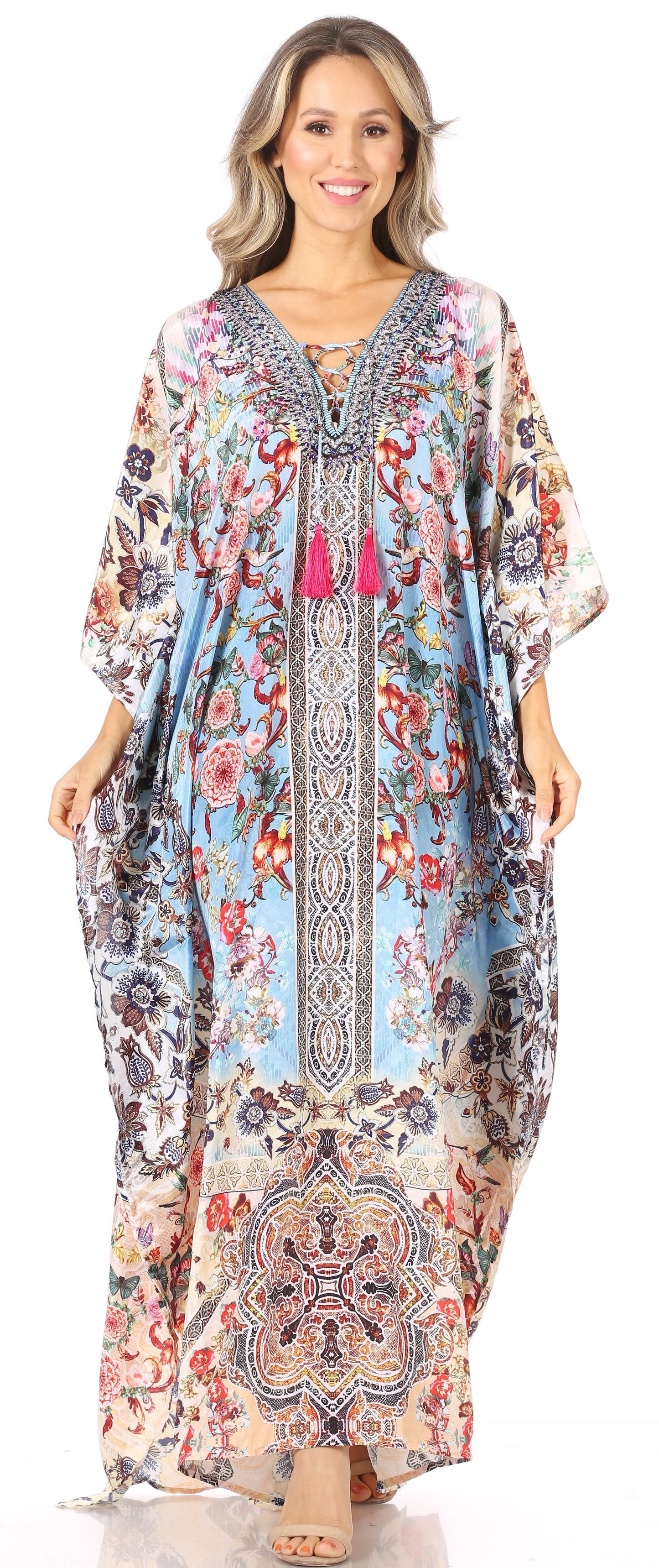 Sakkas Georgettina Flowy Rhinestone V Neck Long Caftan Dress/Cover Up - Concordia Style Boutique