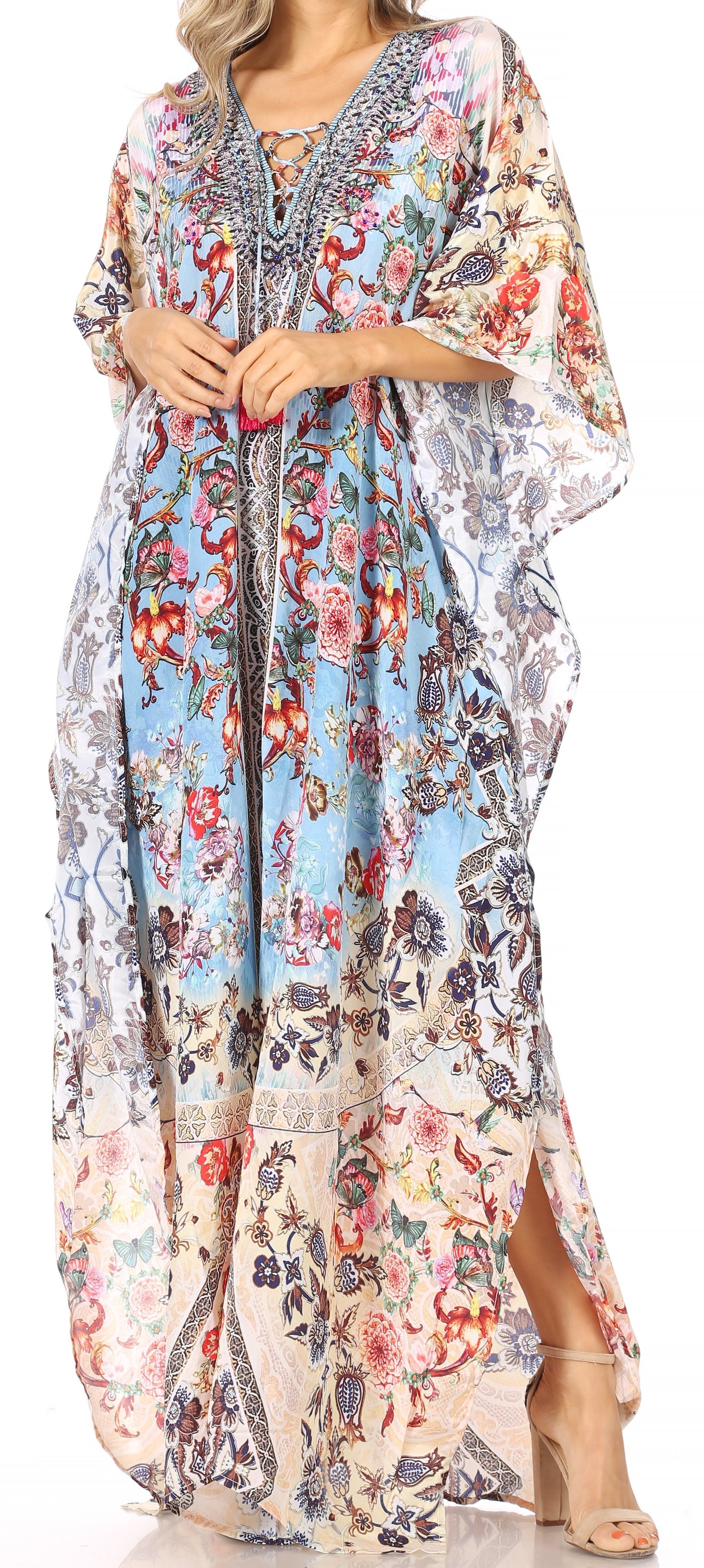 Sakkas Georgettina Flowy Rhinestone V Neck Long Caftan Dress/Cover Up - Concordia Style Boutique
